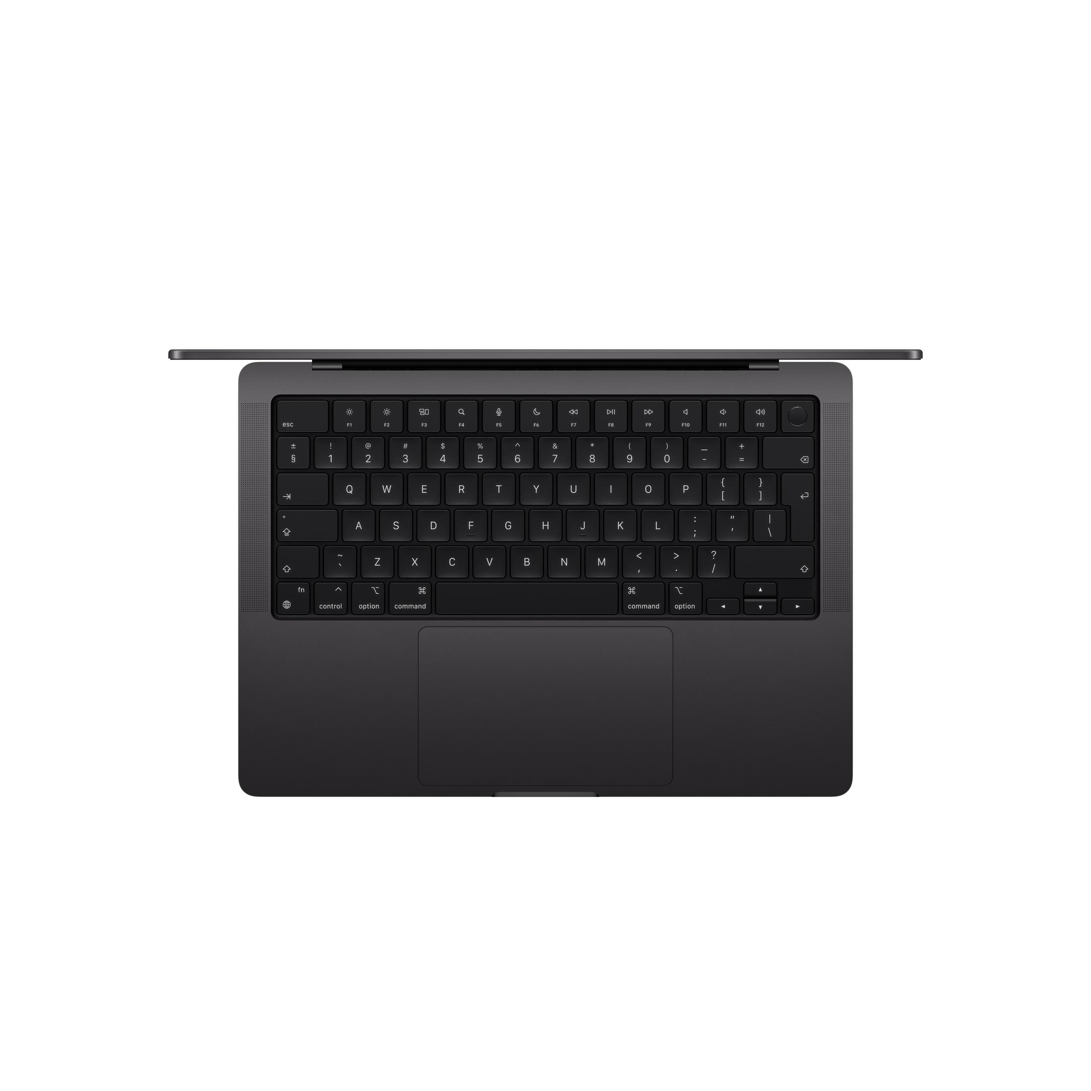 MacBook gris foncé avec clavier et trackpad, vu de dessus.
