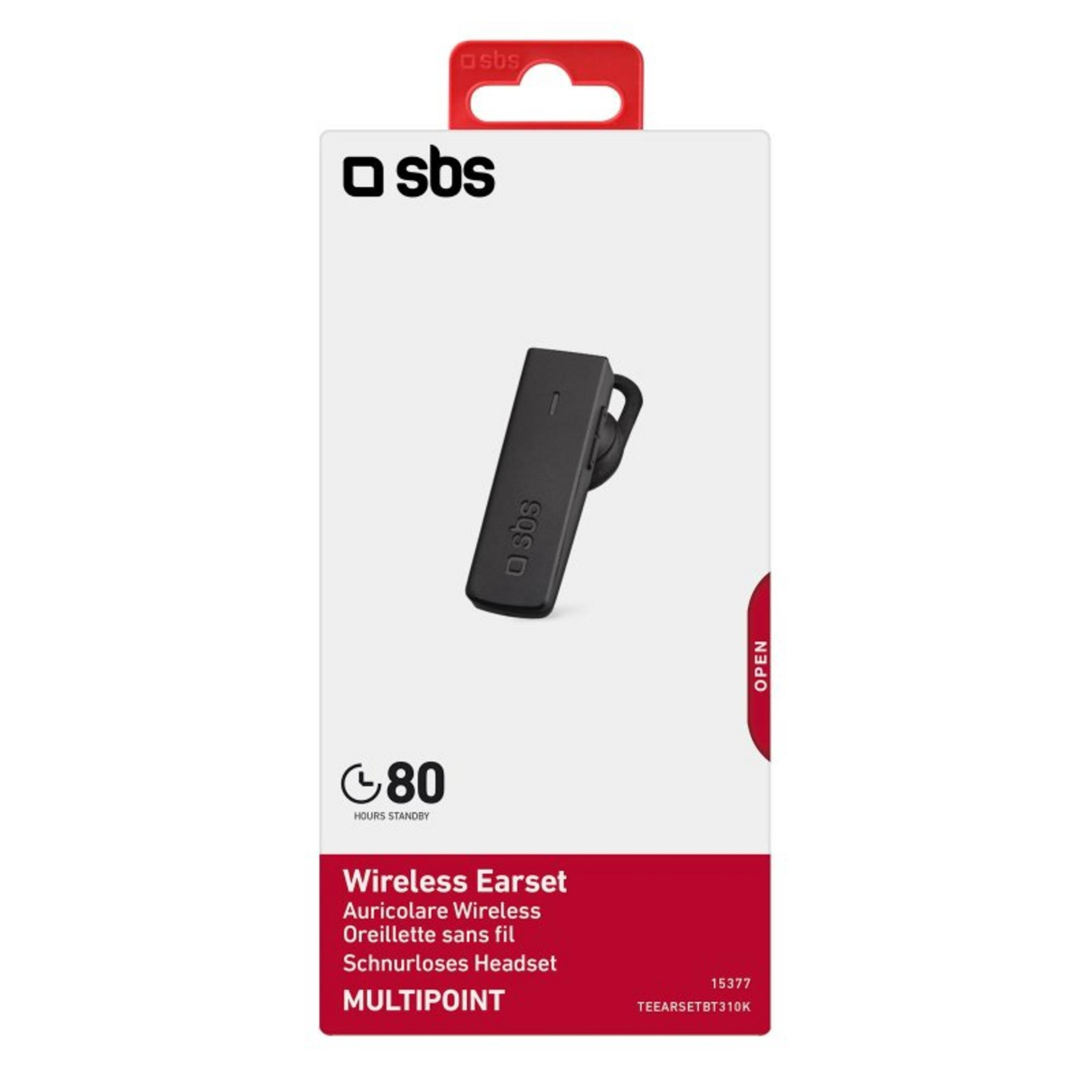 Confezione SBS con auricolare wireless nero e indicatore 80 ore standby.
