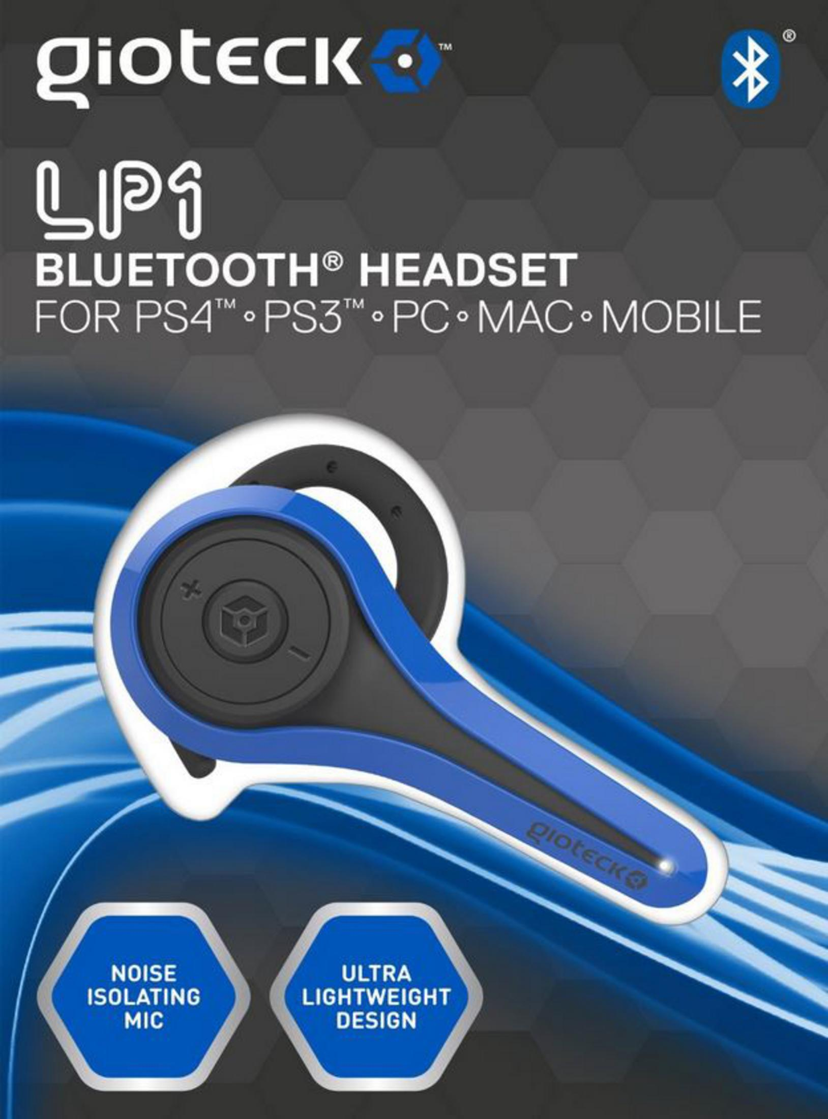 Un auricolare Bluetooth blu e nero per PS4/PS3, PC, Mac e mobile.
