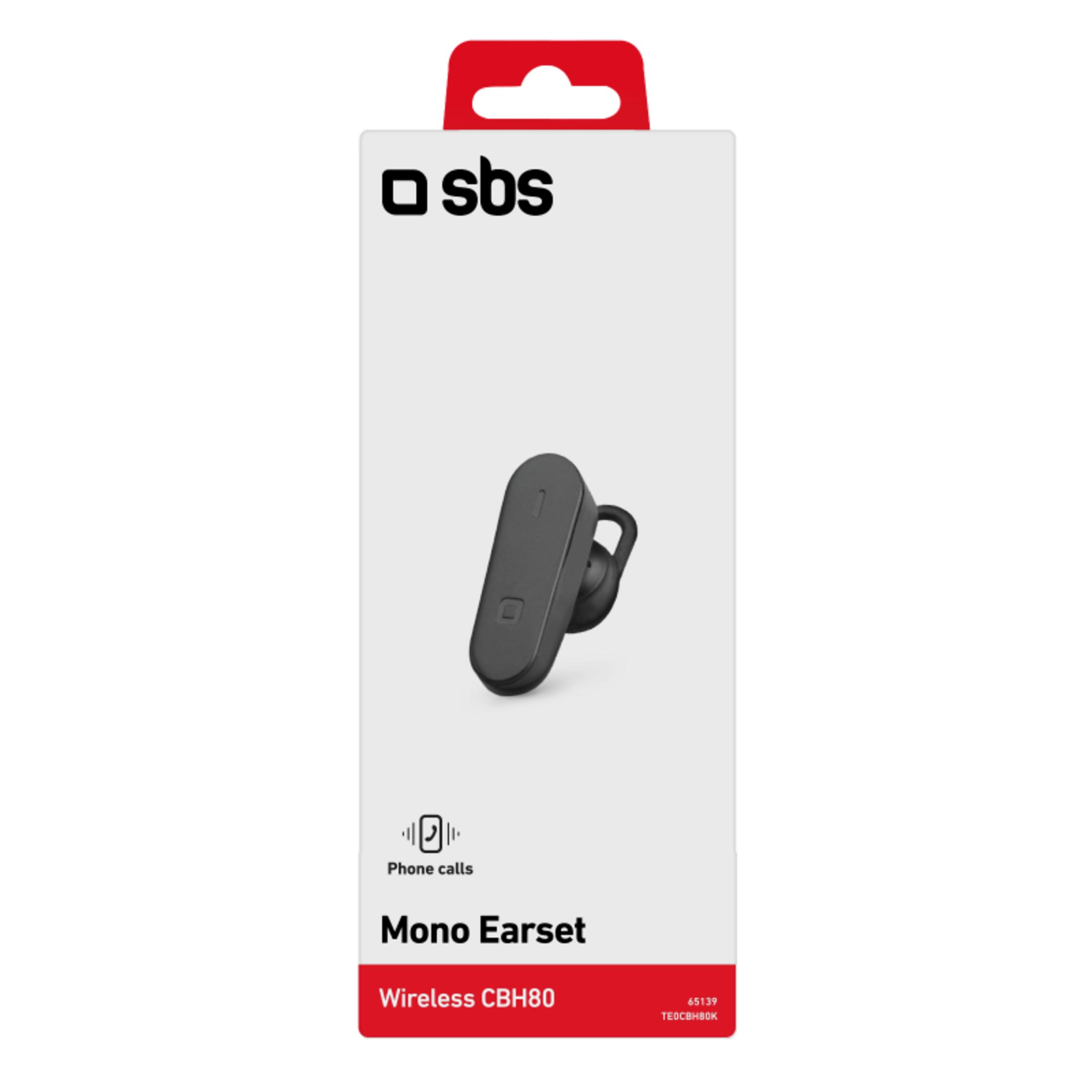 Embalaje de un SBS Mono Earset Wireless CBH80 negro para llamadas.