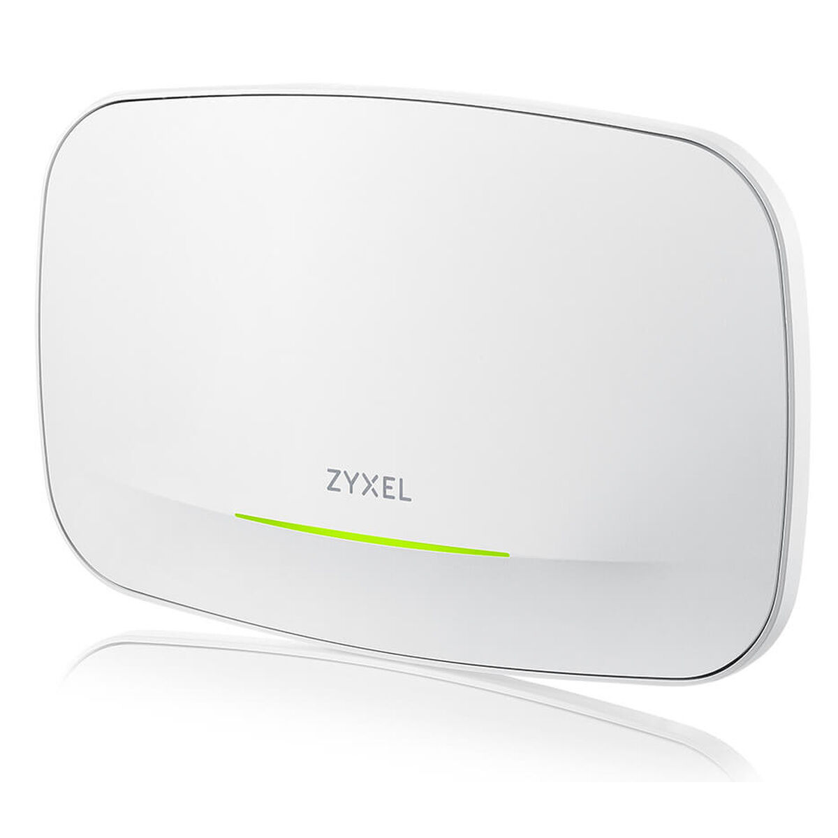 Un dispositivo Zyxel bianco con una barra luminosa verde su sfondo bianco.