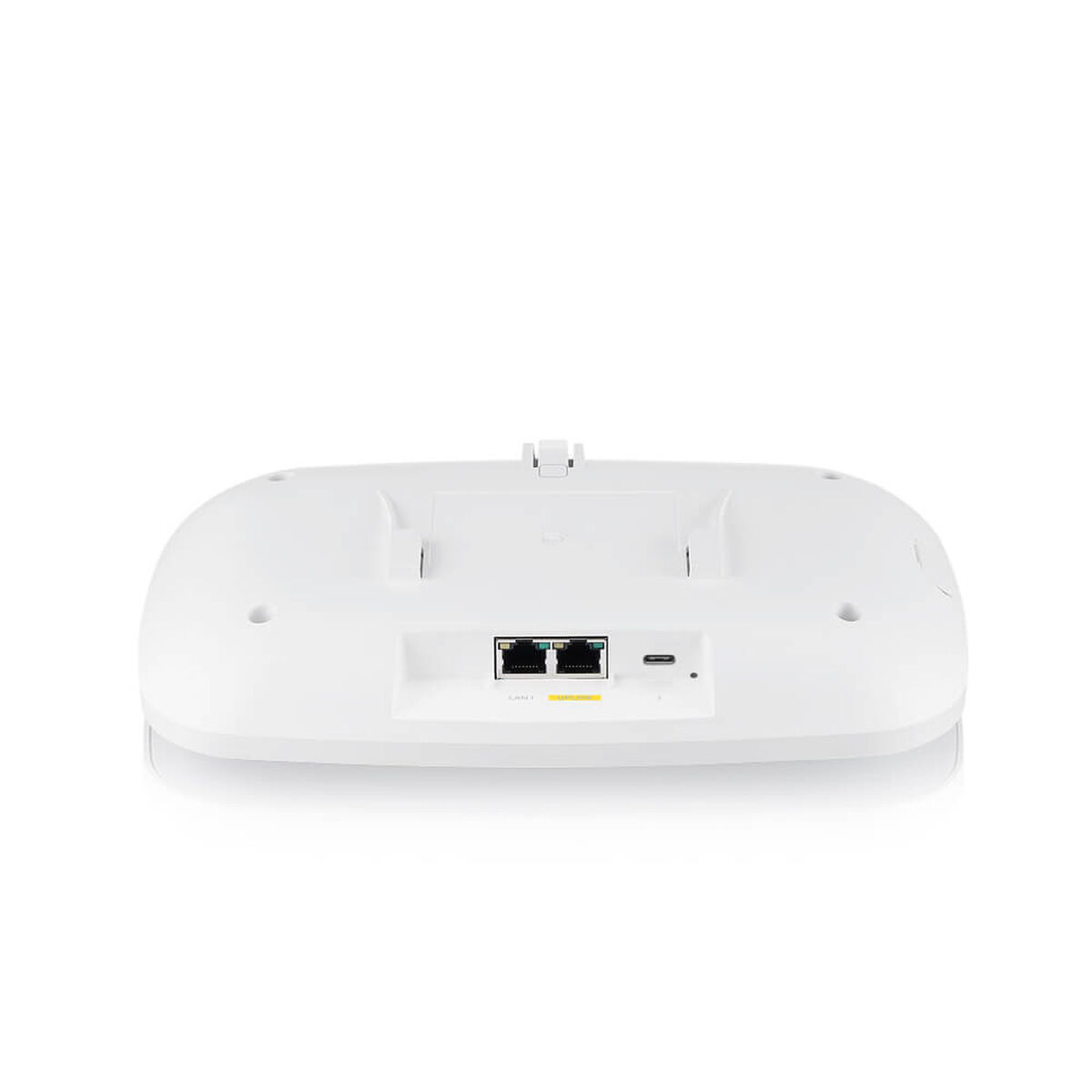 Un dispositivo bianco con due porte Ethernet e una connessione USB-C.