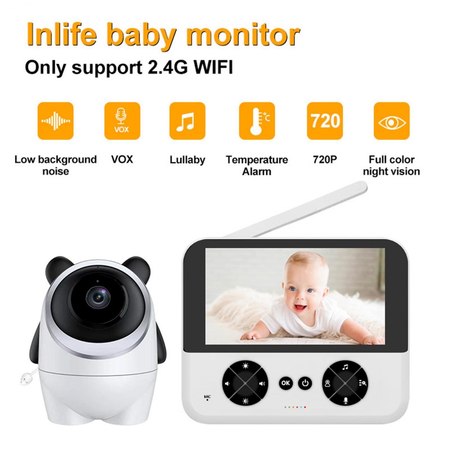 Babyphone mit Kamera und Monitor, zeigt Funktionen wie VOX, 720P.