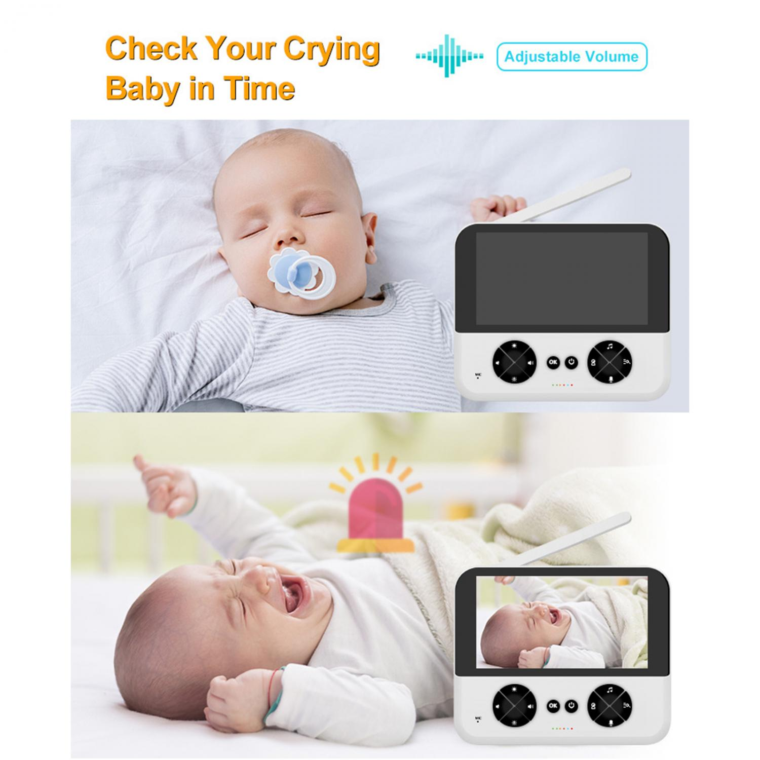 Schlafendes Baby mit Schnuller und ein schreiendes Baby auf dem Monitor.