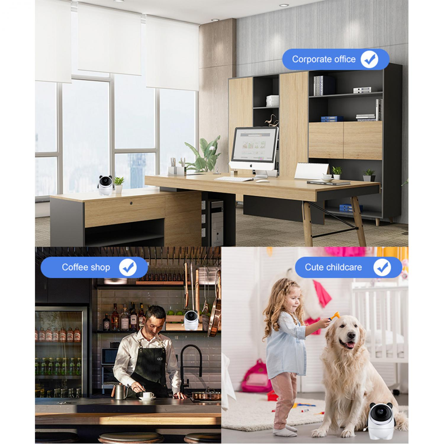 Vier Szenen: Büro, Café, Kinderbetreuung mit Hund, mit Überwachungskameras.