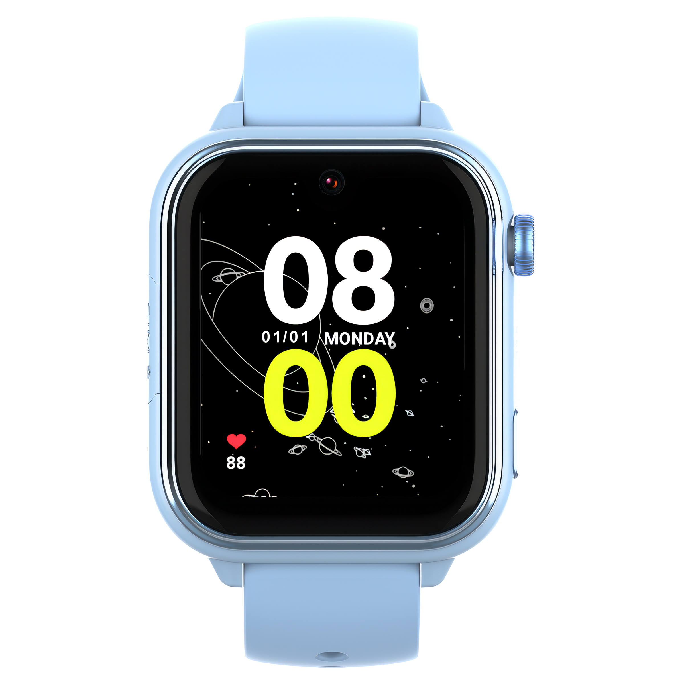 Niebieski smartwatch z motywem kosmicznym na tarczy.