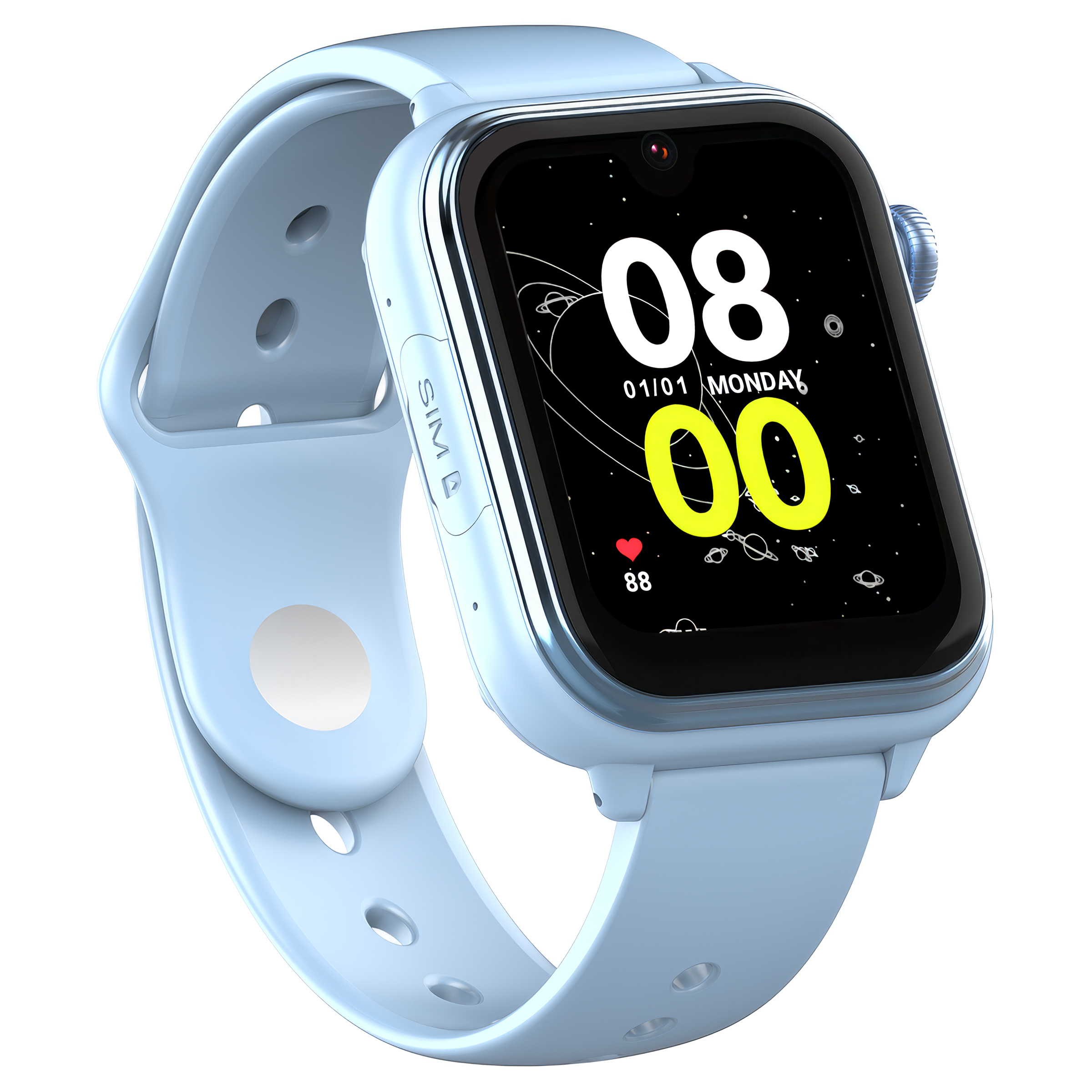 Jasnoniebieski smartwatch z czarnym ekranem i ikonami kosmicznymi.