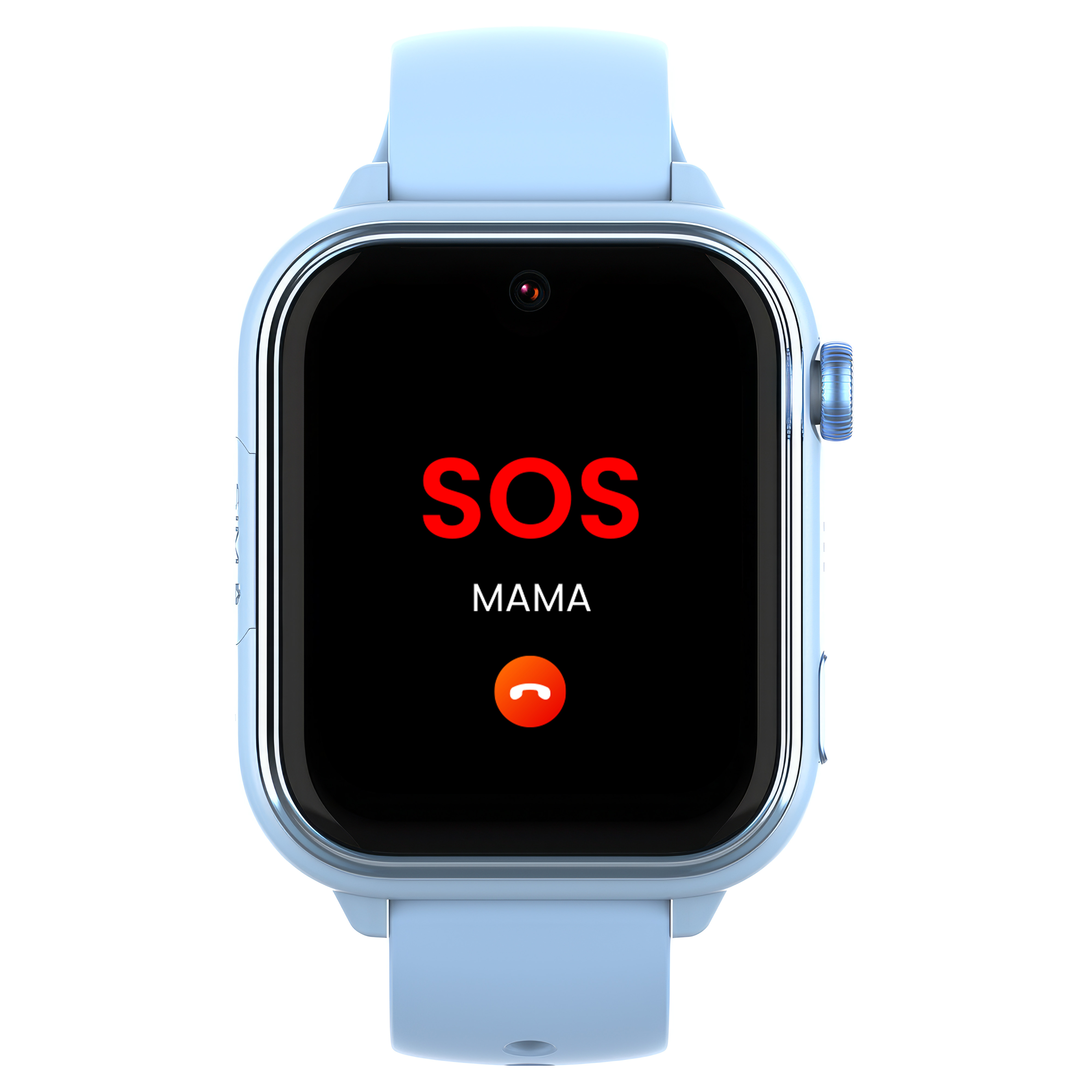 Jasnoniebieski smartwatch wyświetla SOS i ikonę połączenia.