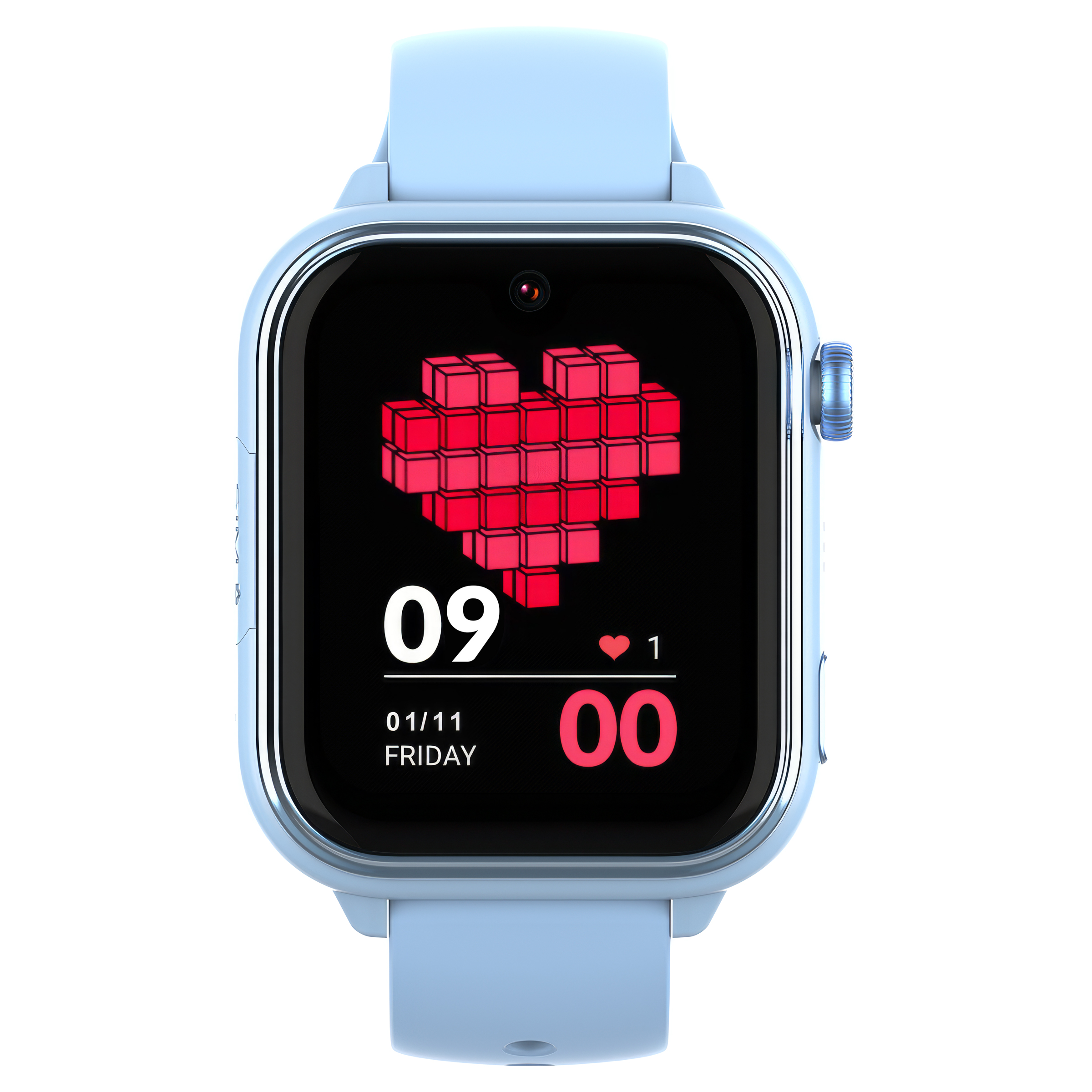Jasnoniebieski smartwatch z ikoną serca, godziną 09:00 i datą 01/11.