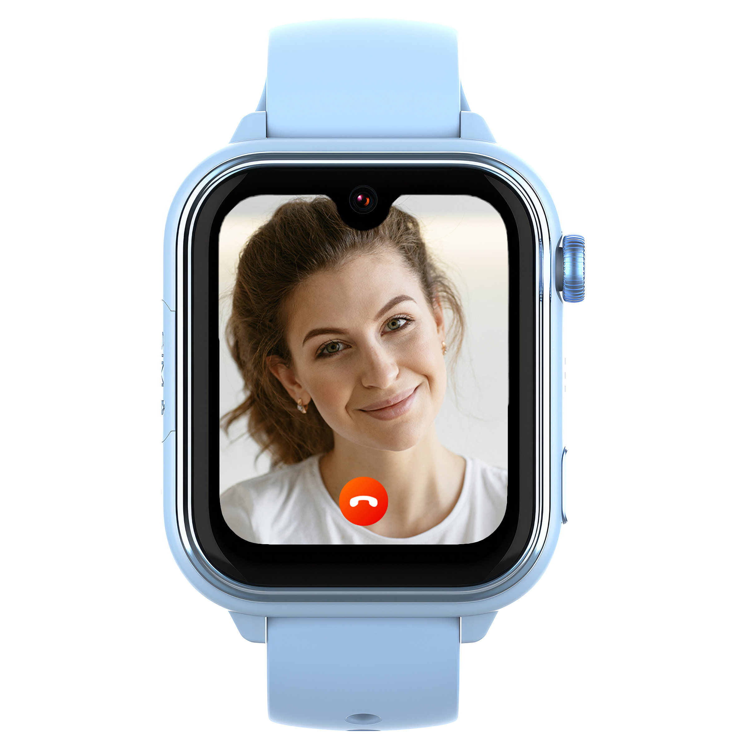 Jasnoniebieski smartwatch wyświetla portret uśmiechniętej kobiety z czerwonym przyciskiem rozmowy.
