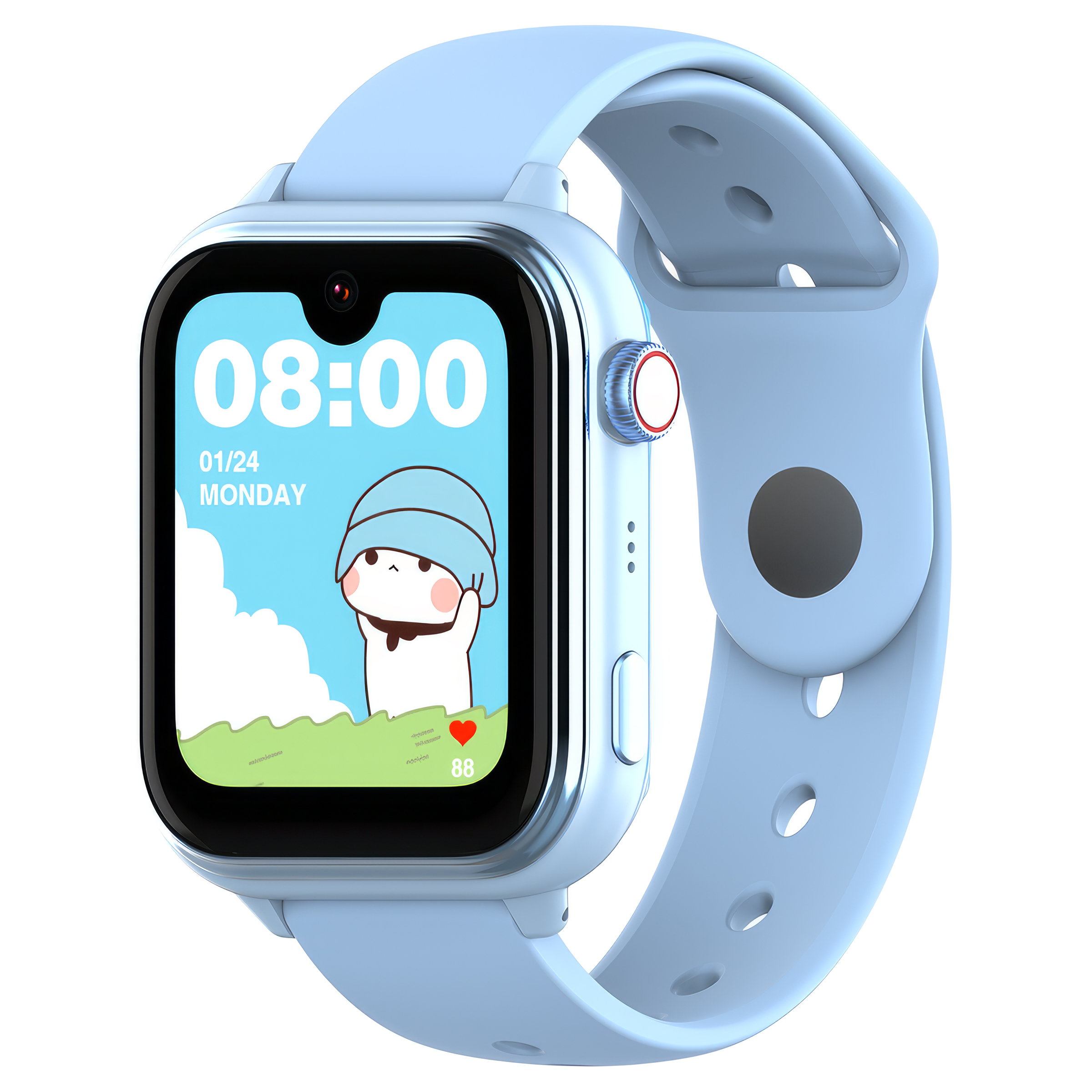 Jasnoniebieski smartwatch z ekranem kreskówkowym: 8:00, 01/24, poniedziałek.
