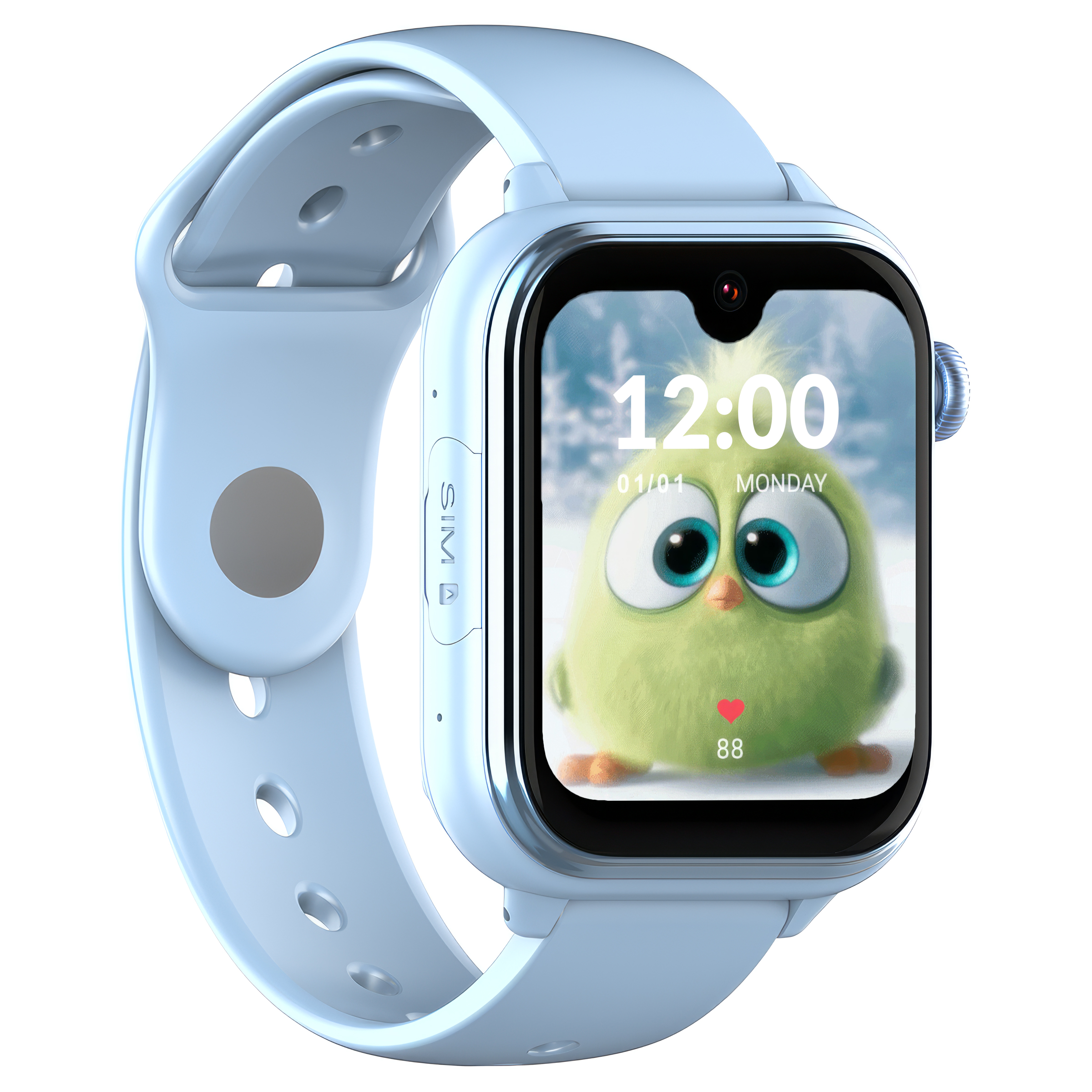 Jasnoniebieski smartwatch z kreskówkowym ptakiem na ekranie.