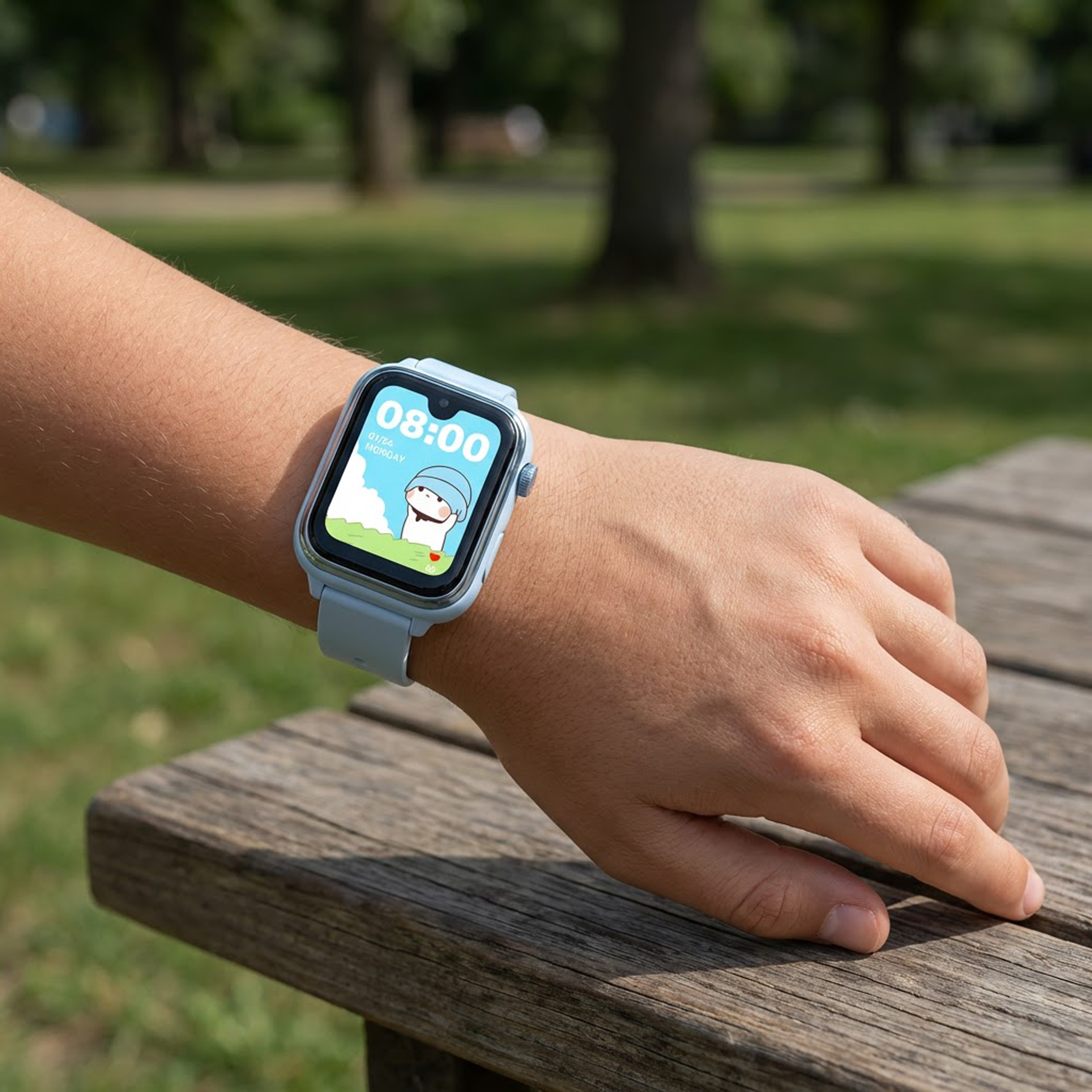 Jasnoniebieski smartwatch z postacią z kreskówki na ramieniu, na zewnątrz na drewnianej ławce.