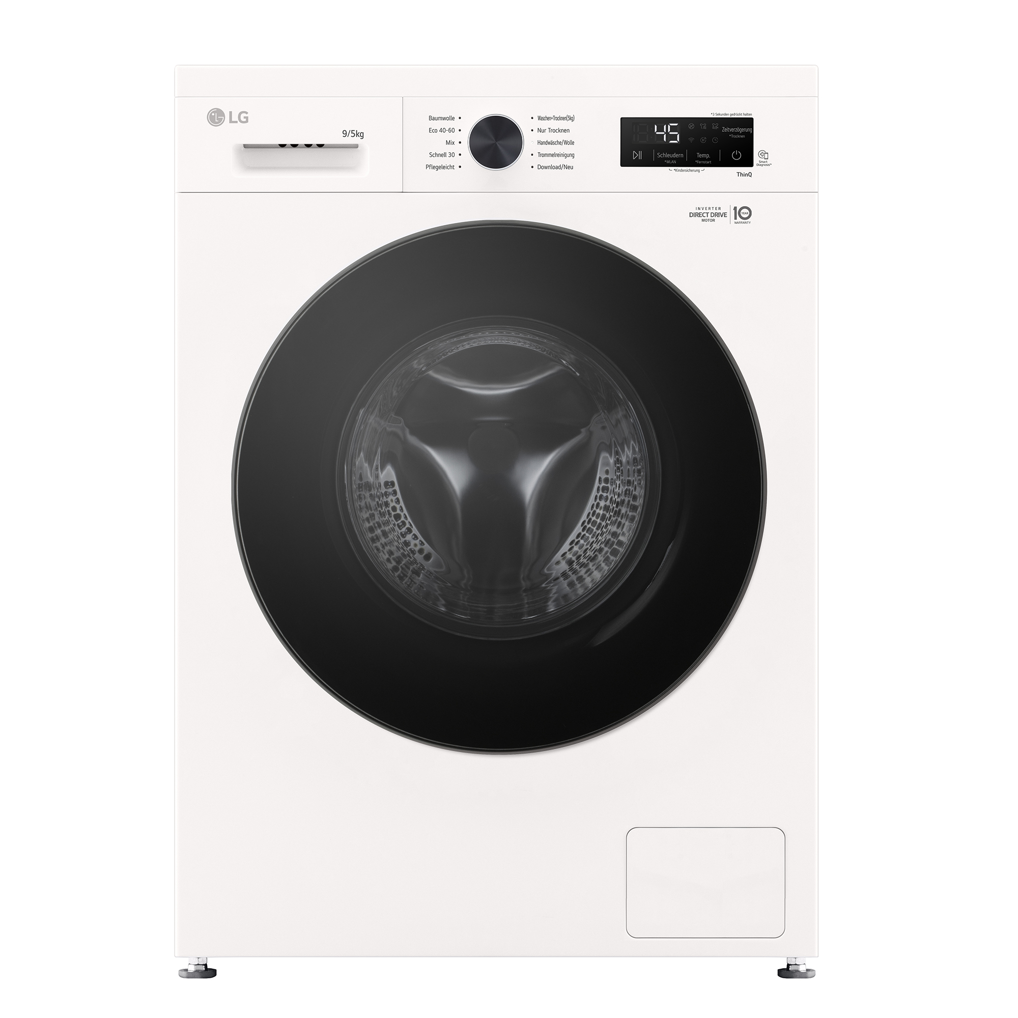 Weiße LG Waschmaschine mit schwarzer Tür und digitalem Display. 9/5kg Kapazität.
