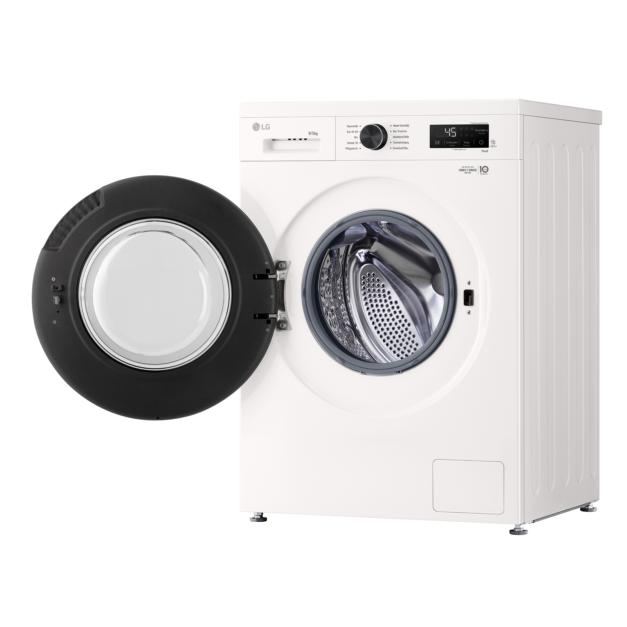 Eine weiße LG Waschmaschine mit geöffneter schwarzer Tür und einem sichtbaren Trommelinneren.