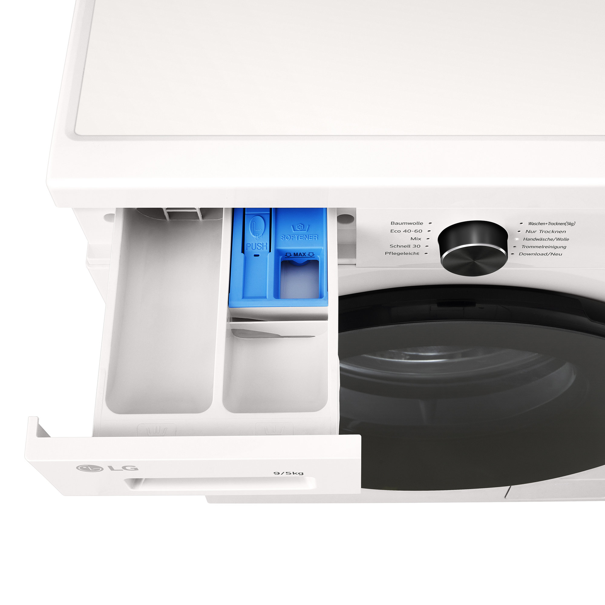 Eine weiße LG Waschmaschine mit herausgezogener Schublade für Waschmittel und Weichspüler.