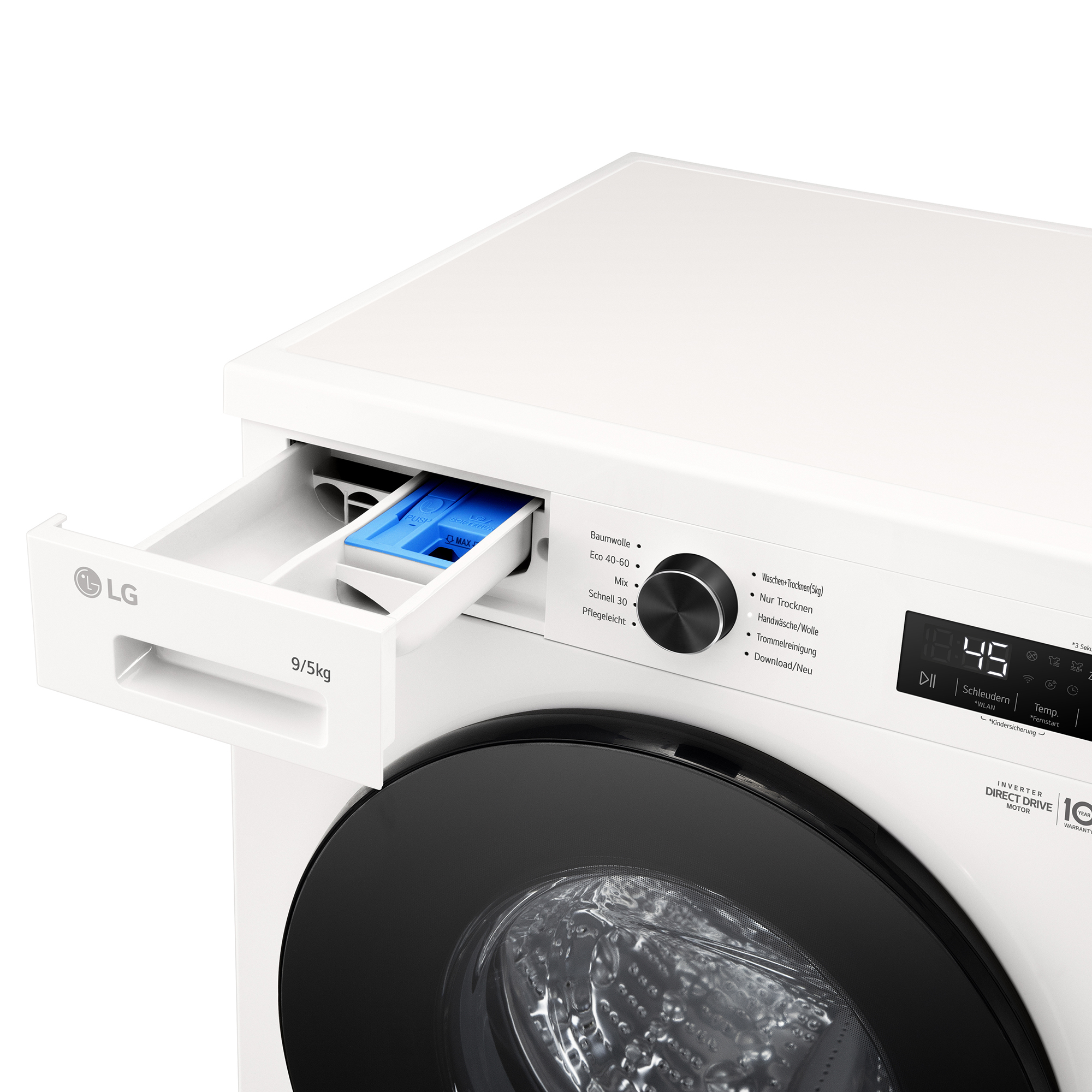 Weiße LG Waschmaschine mit ausgefahrenem Waschmittelbehälter und Bedienfeld.