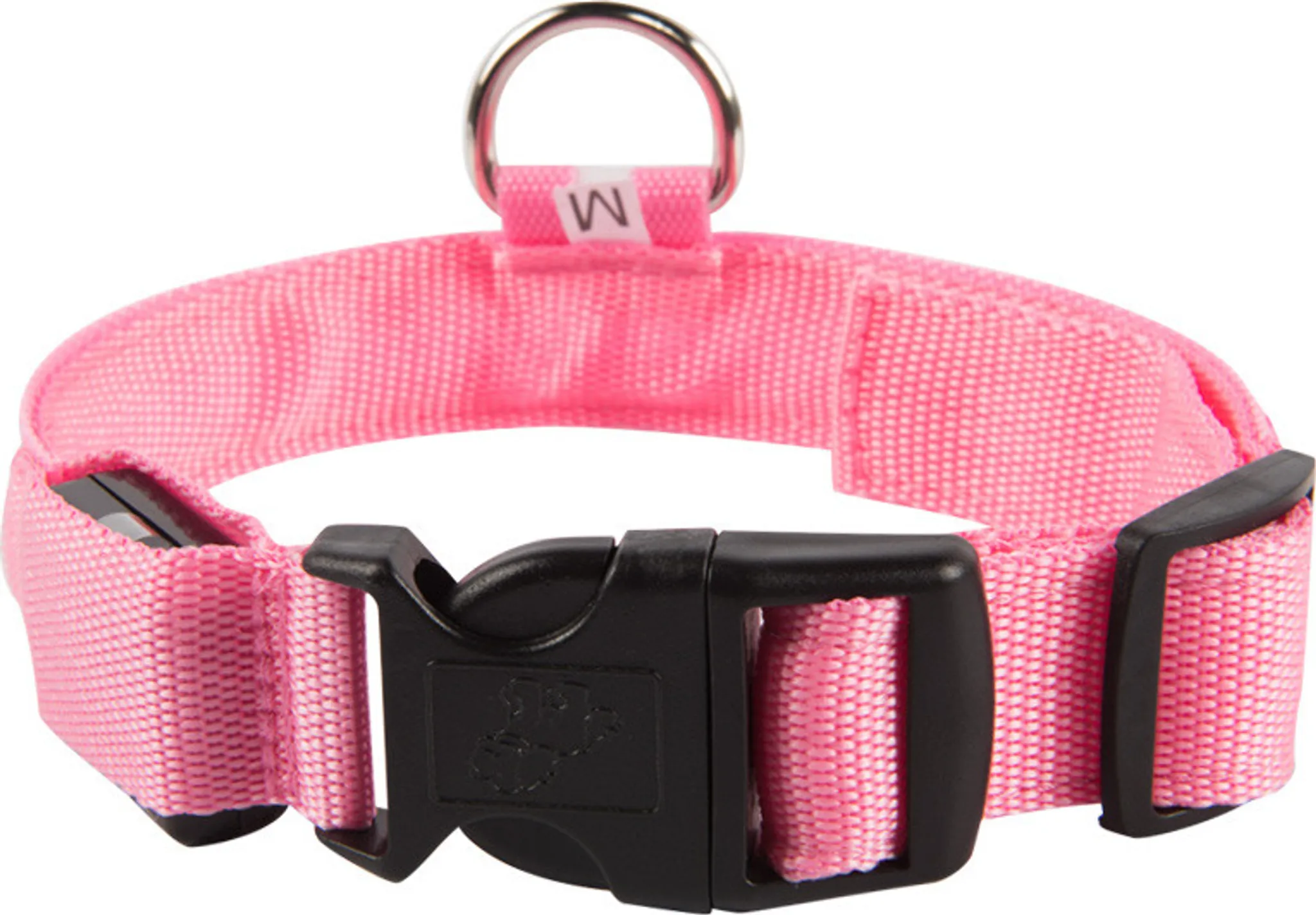 Ein pinker Hundehalsband mit schwarzem Verschluss und silbernem Ring.