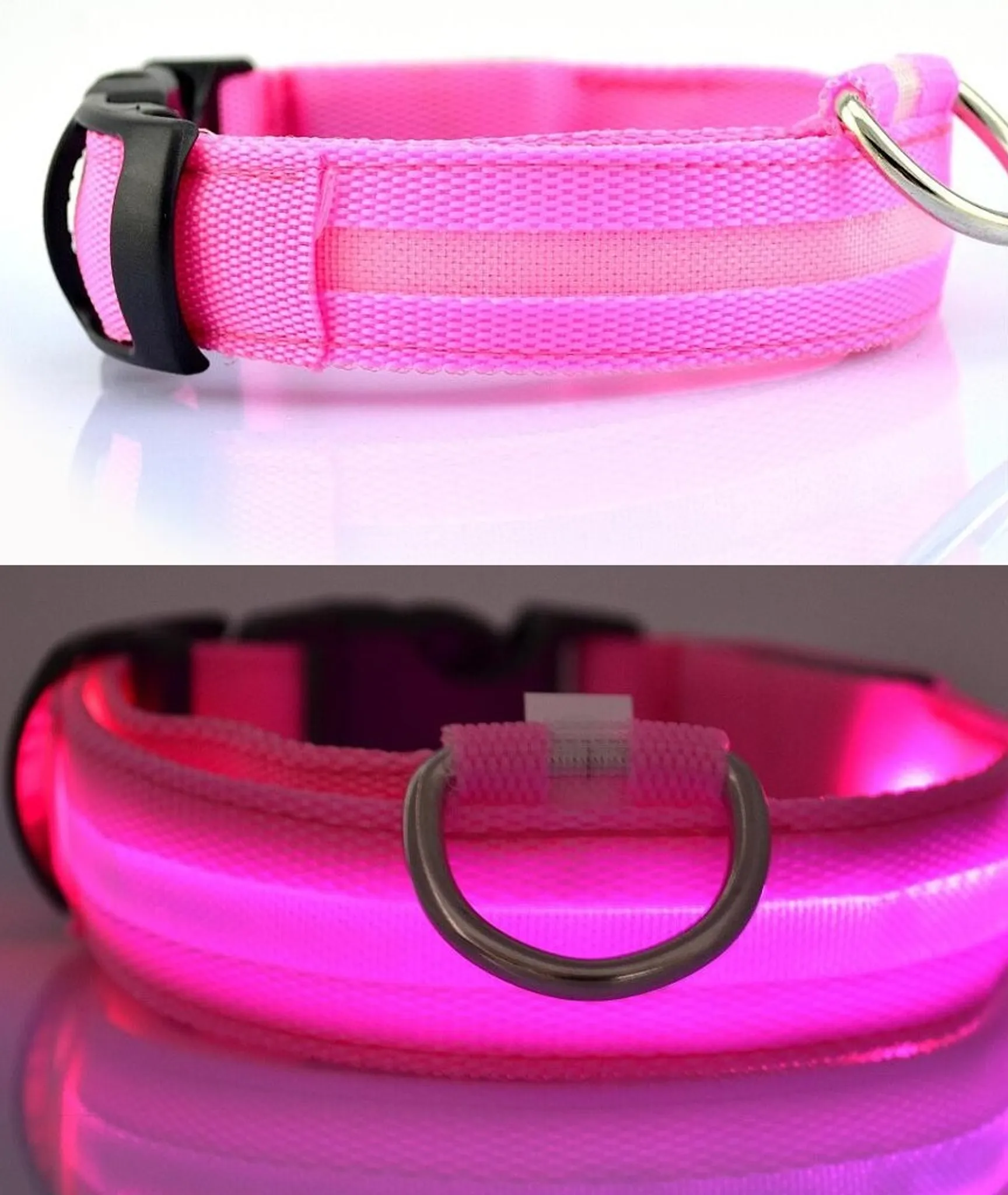 Ein pinkes Haustierhalsband mit einer schwarzen Schnalle und einem D-Ring aus Metall wird in zwei Zuständen gezeigt: unbeleuchtet und hellrosa leuchtend.