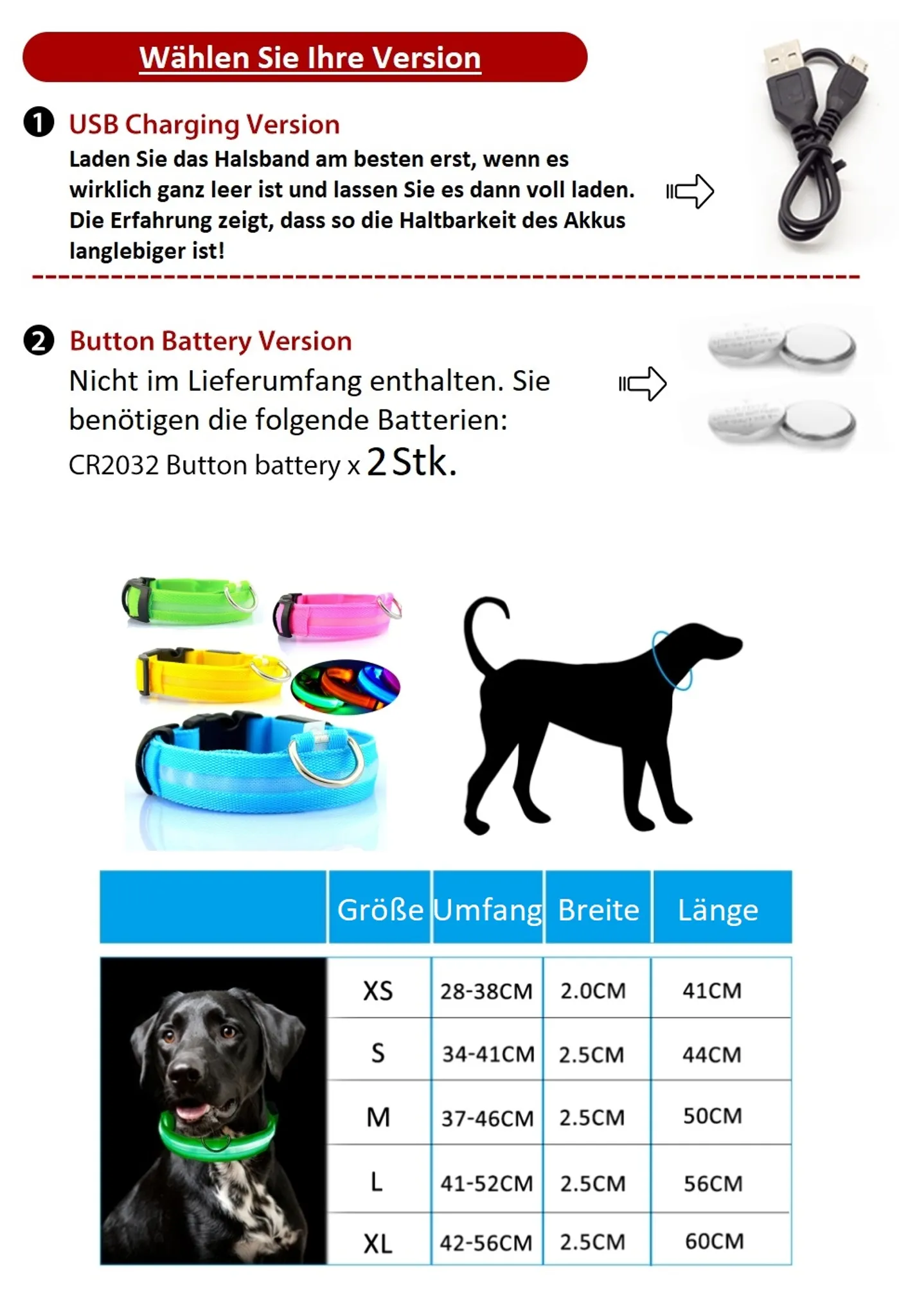 Halsbandoptionen: USB-Laden vs. Batteriebetrieb. Größenübersicht für Hunde.