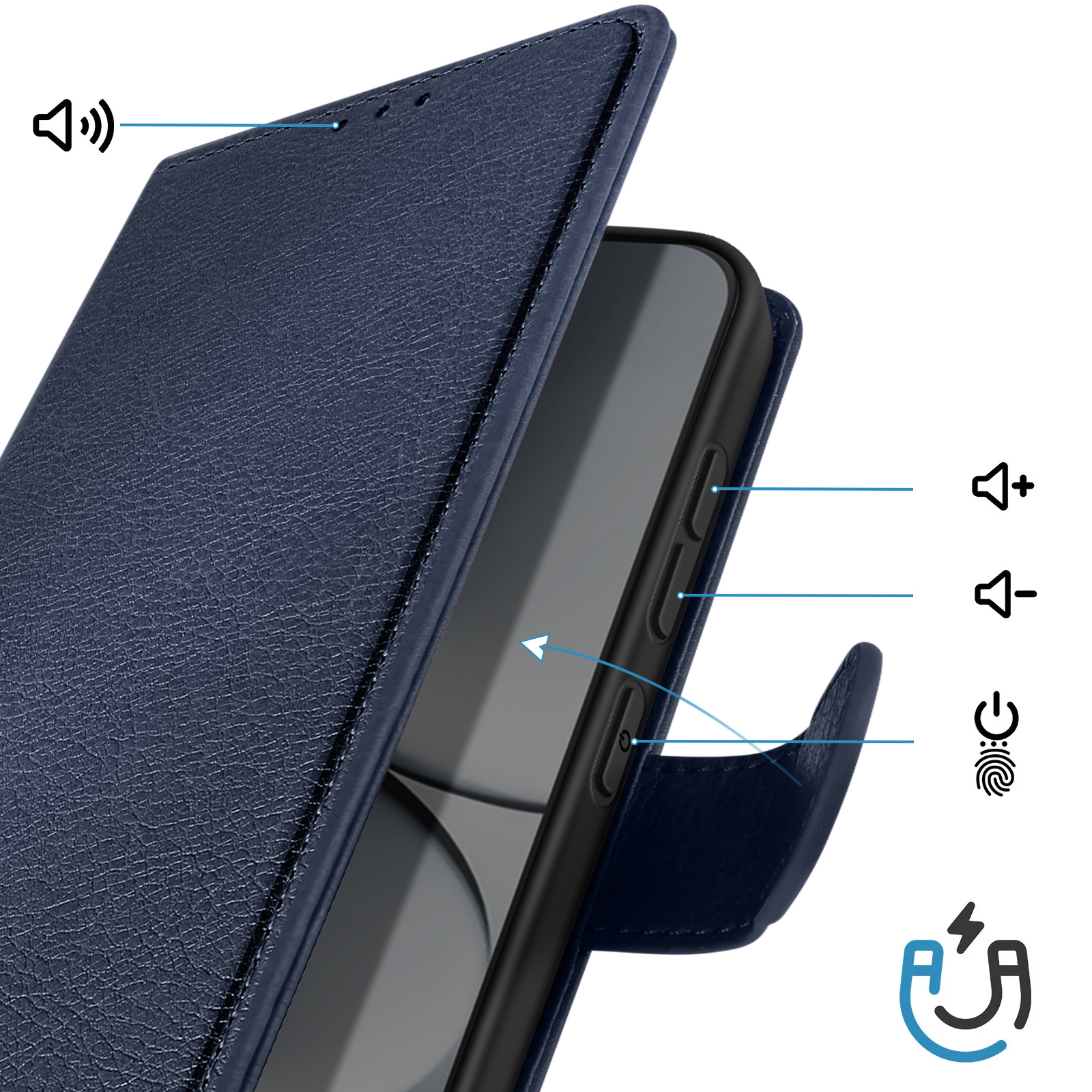 Dunkelblaue Handyhülle mit Lautstärketasten, Ein/Aus-Taste und Fingerabdrucksensor.