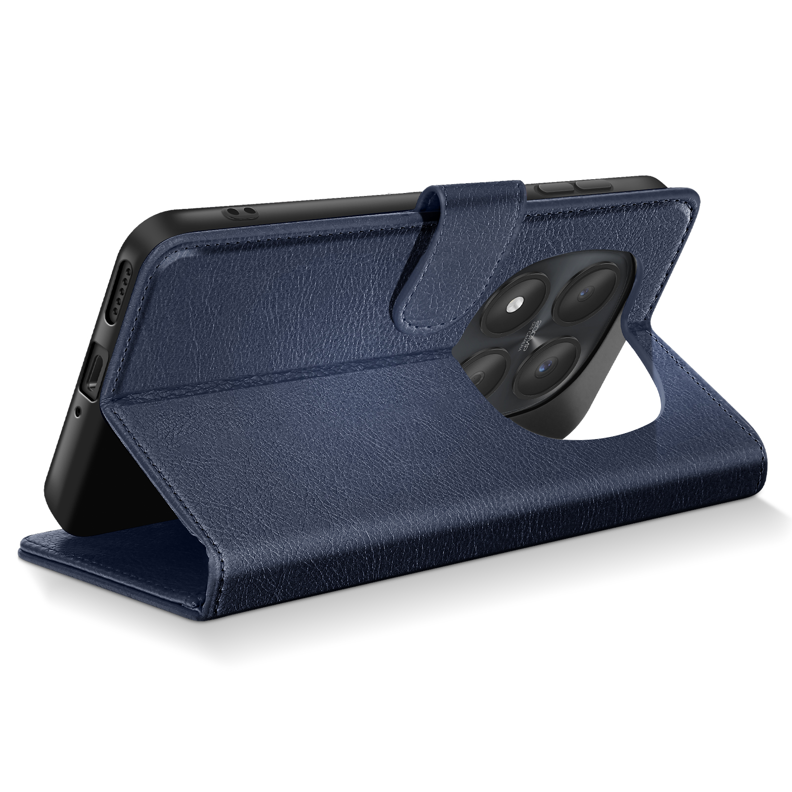 Ein dunkelblauer Handyhülle-Ständer mit einer Handy-Kamera.