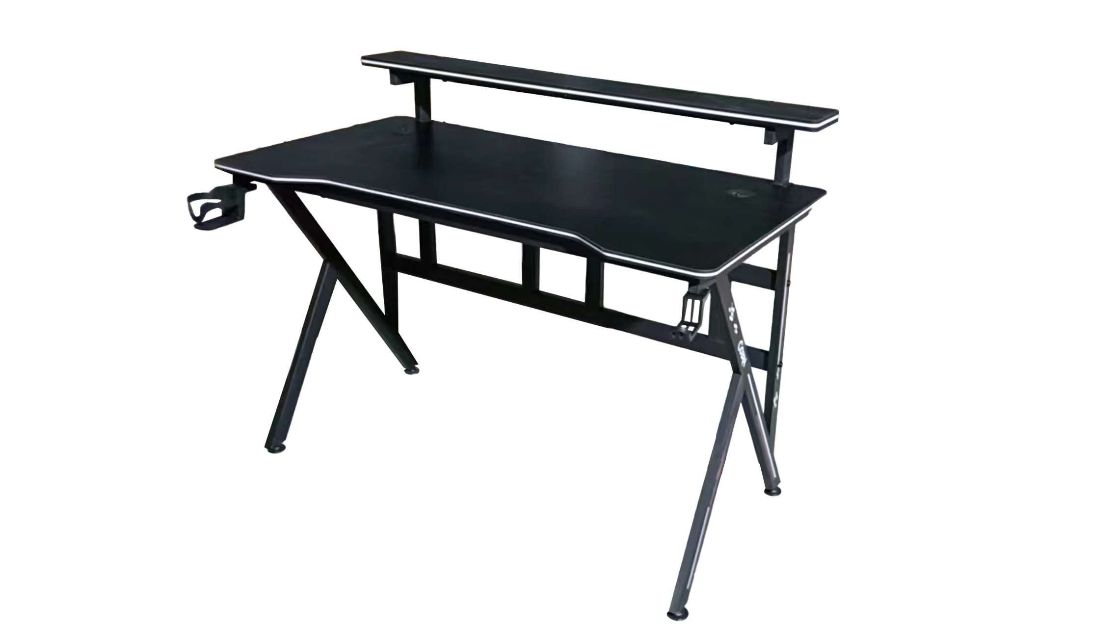 Czarny biurko z srebrnymi akcentami, dwiema półkami i uchwytem na słuchawki.