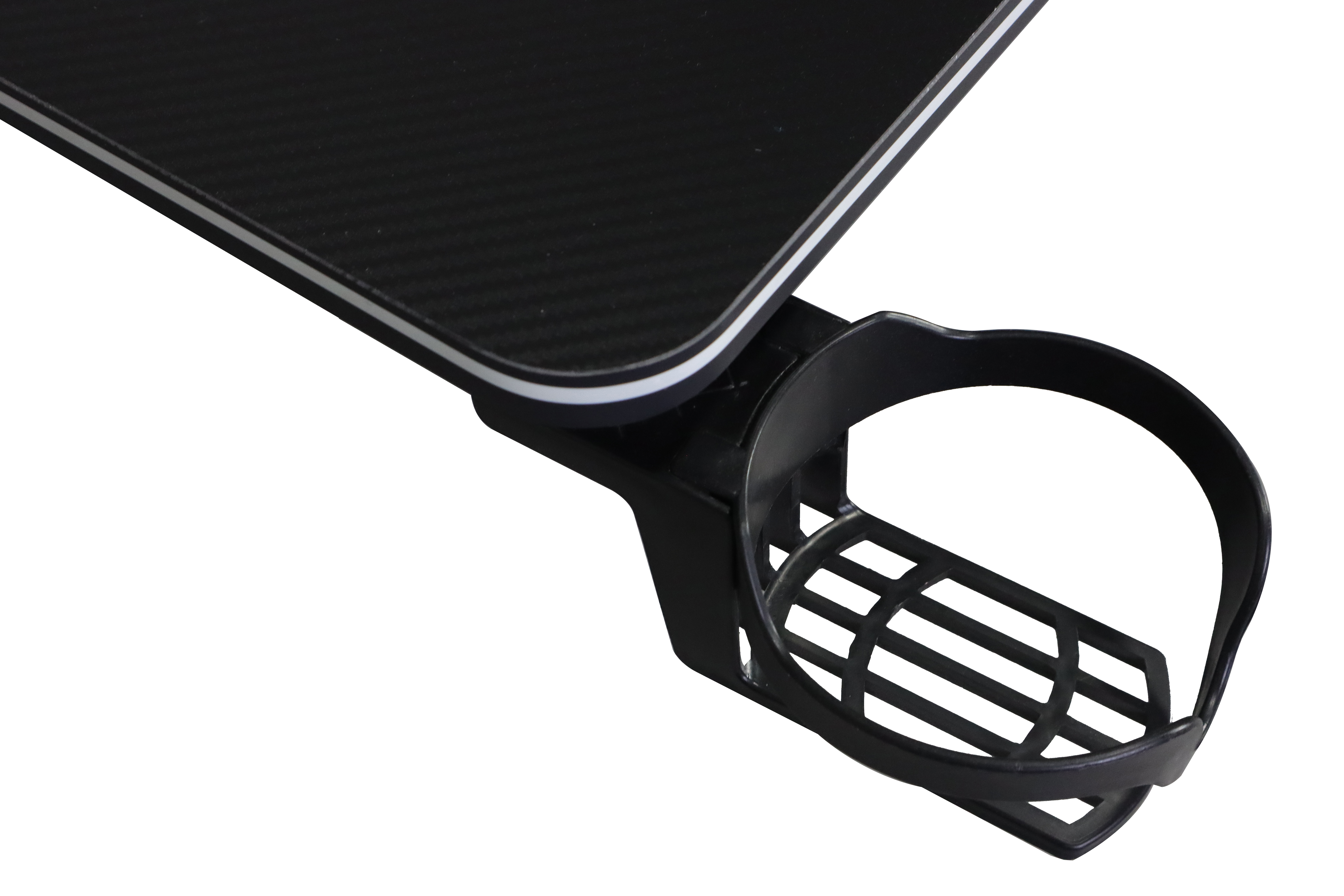 Czarny stół z przymocowanym uchwytem na kubek, białe wykończenie.