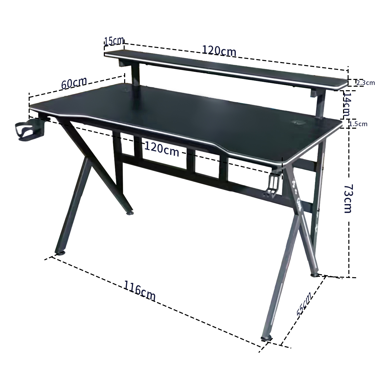 Czarny biurko z podwyższaną półką. Wymiary: 120x60x73cm.