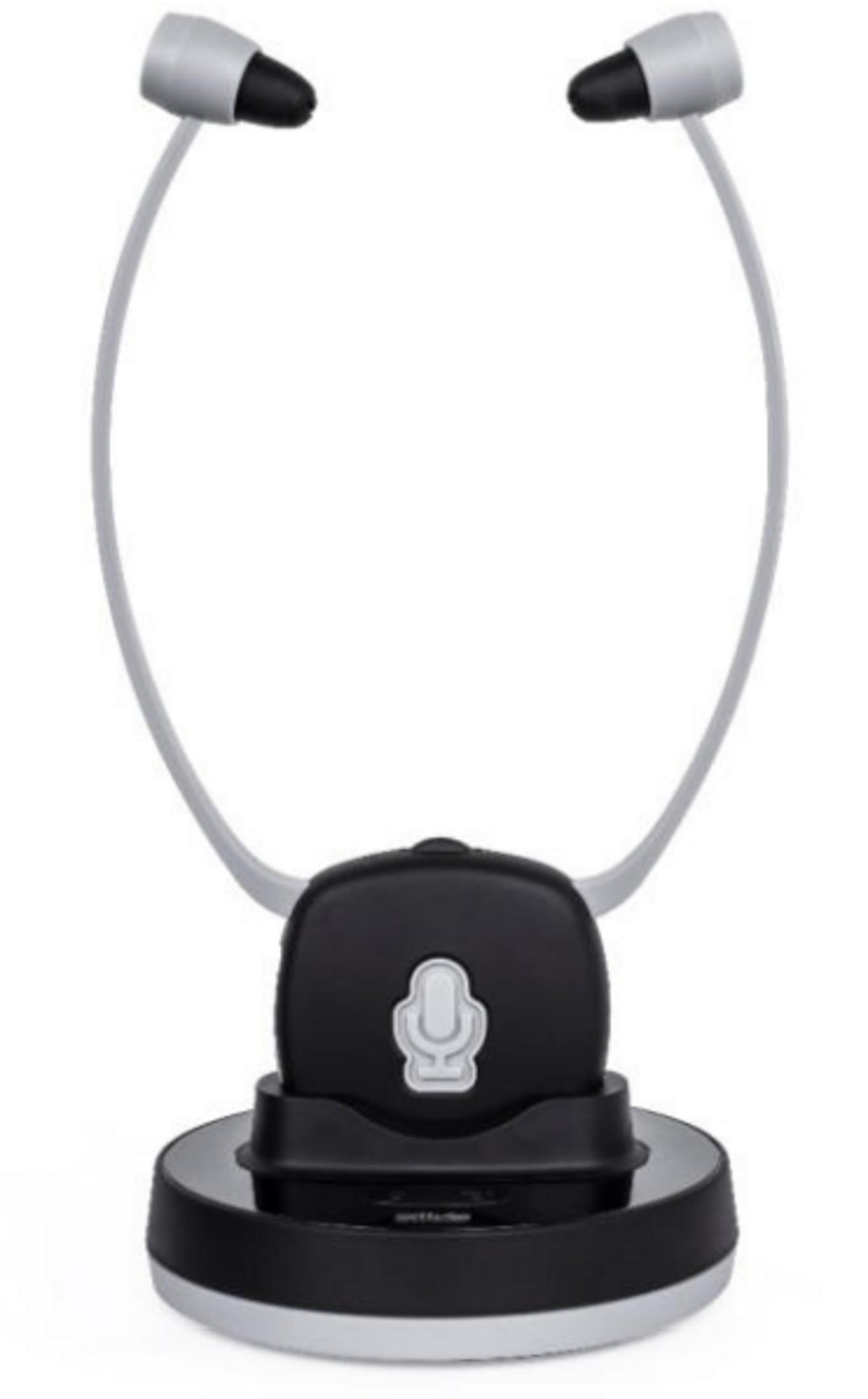 Ein schwarzes Hörgerät mit einer Ladebasis und einem Mikrofon-Symbol.