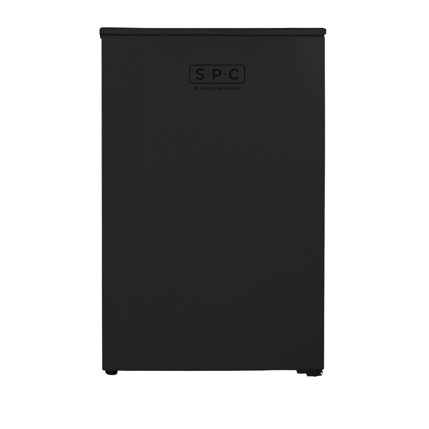 Schwarzer Kühlschrank mit SPC-Logo und Text 'SWISS PRO COOLING'.