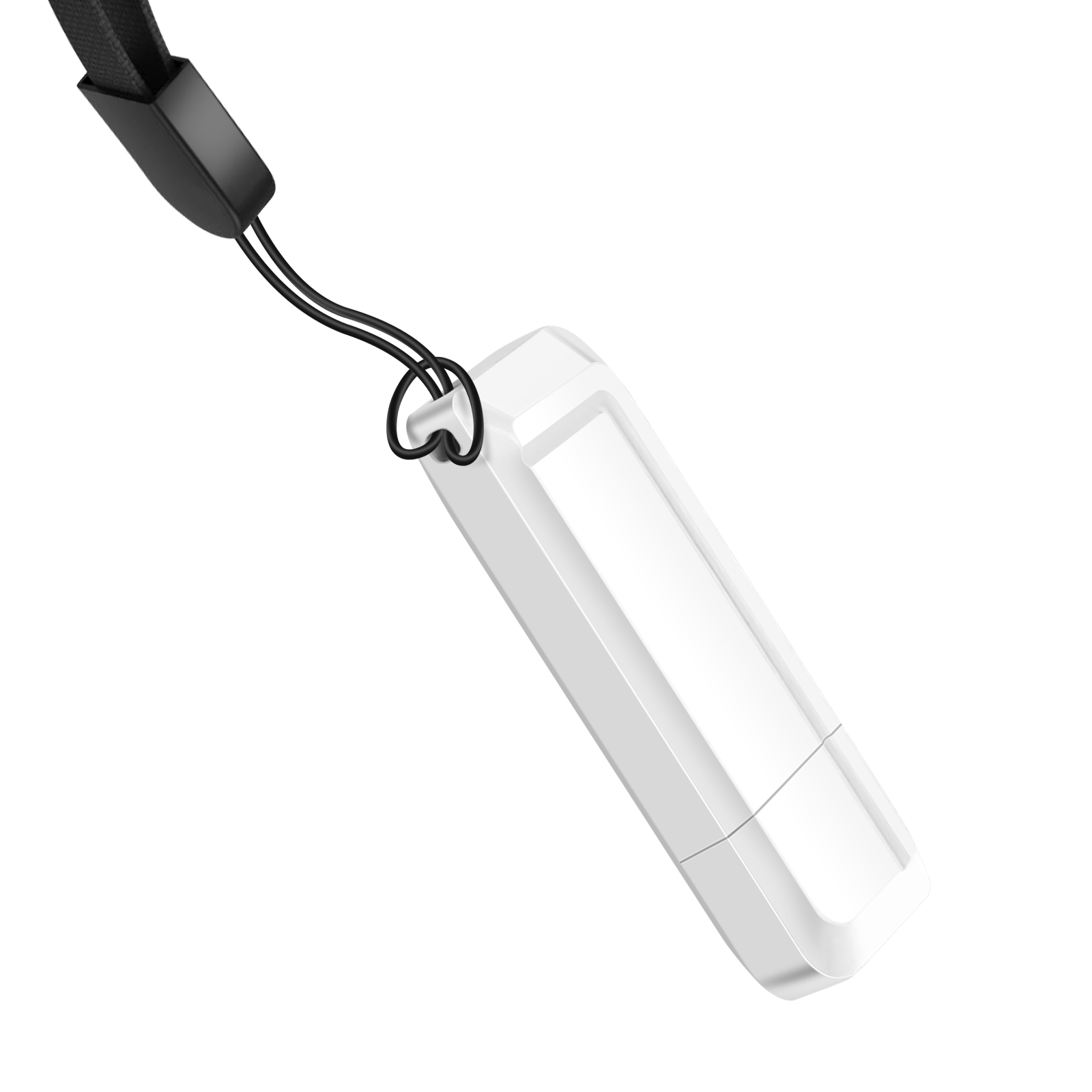 Ein weißes, rechteckiges Gerät mit einem schwarzen Lanyard, das an einer Schlaufe befestigt ist.