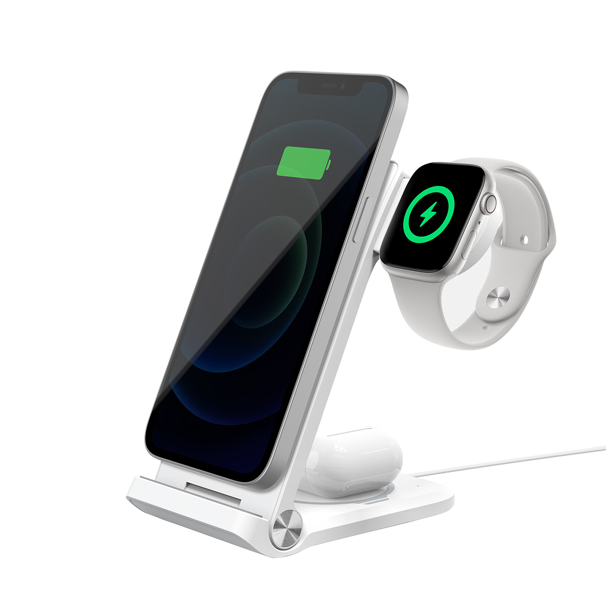 Ein weißes Ladegerät mit Smartphone, Smartwatch und Ohrhörern.