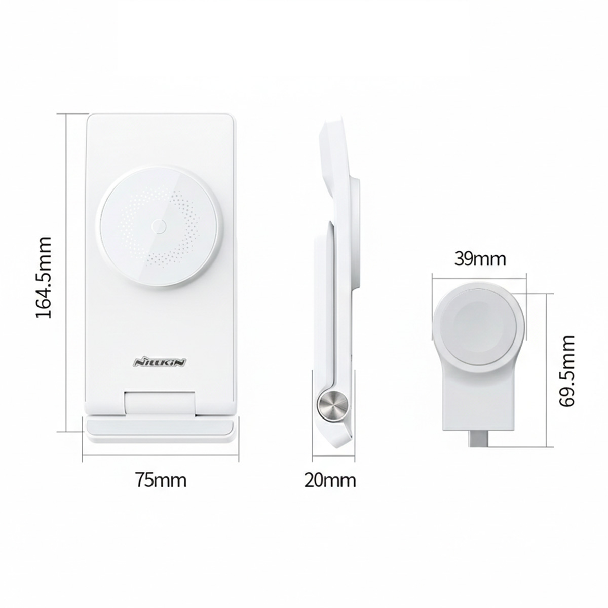 Weiße Ladehalterung mit Maßen: 164,5mm x 75mm x 20mm und 39mm x 69,5mm.