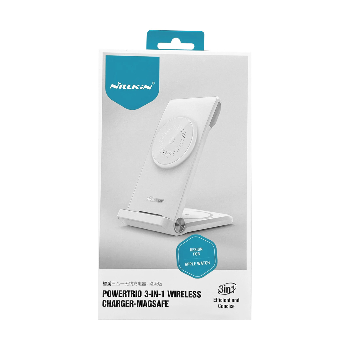 Weiße Verpackung mit Nillkin 3-in-1 MagSafe Ladegerät für Apple Watch.