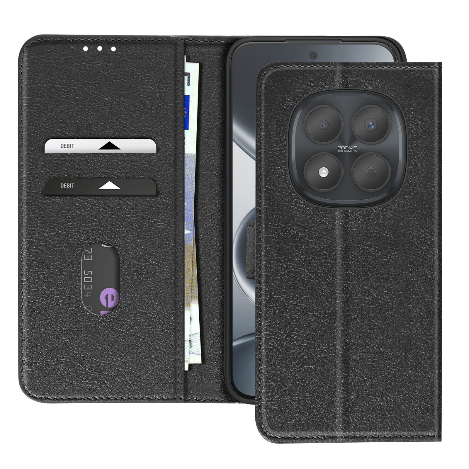 Custodia a libro nera per telefono con slot per carte, banconote e fotocamera da 200MP.
