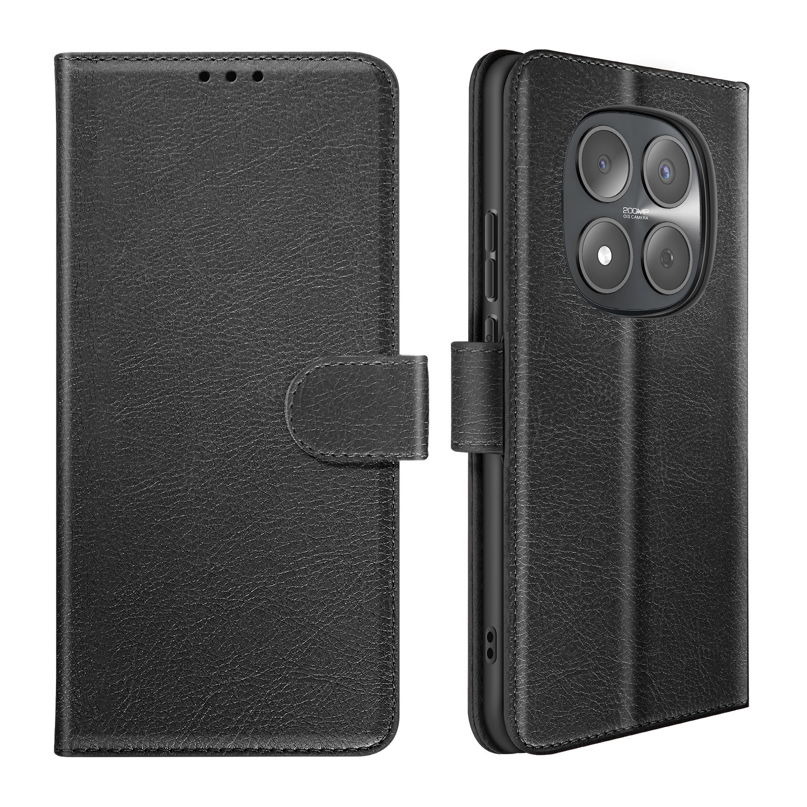 Cover flip in pelle nera per smartphone con modulo fotocamera visibile.