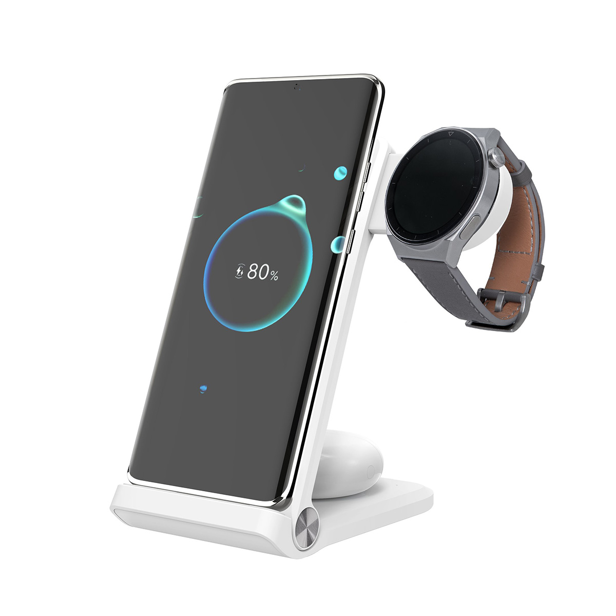 Ein weißes Ladegerät zeigt ein Smartphone (80% geladen) und eine Smartwatch.