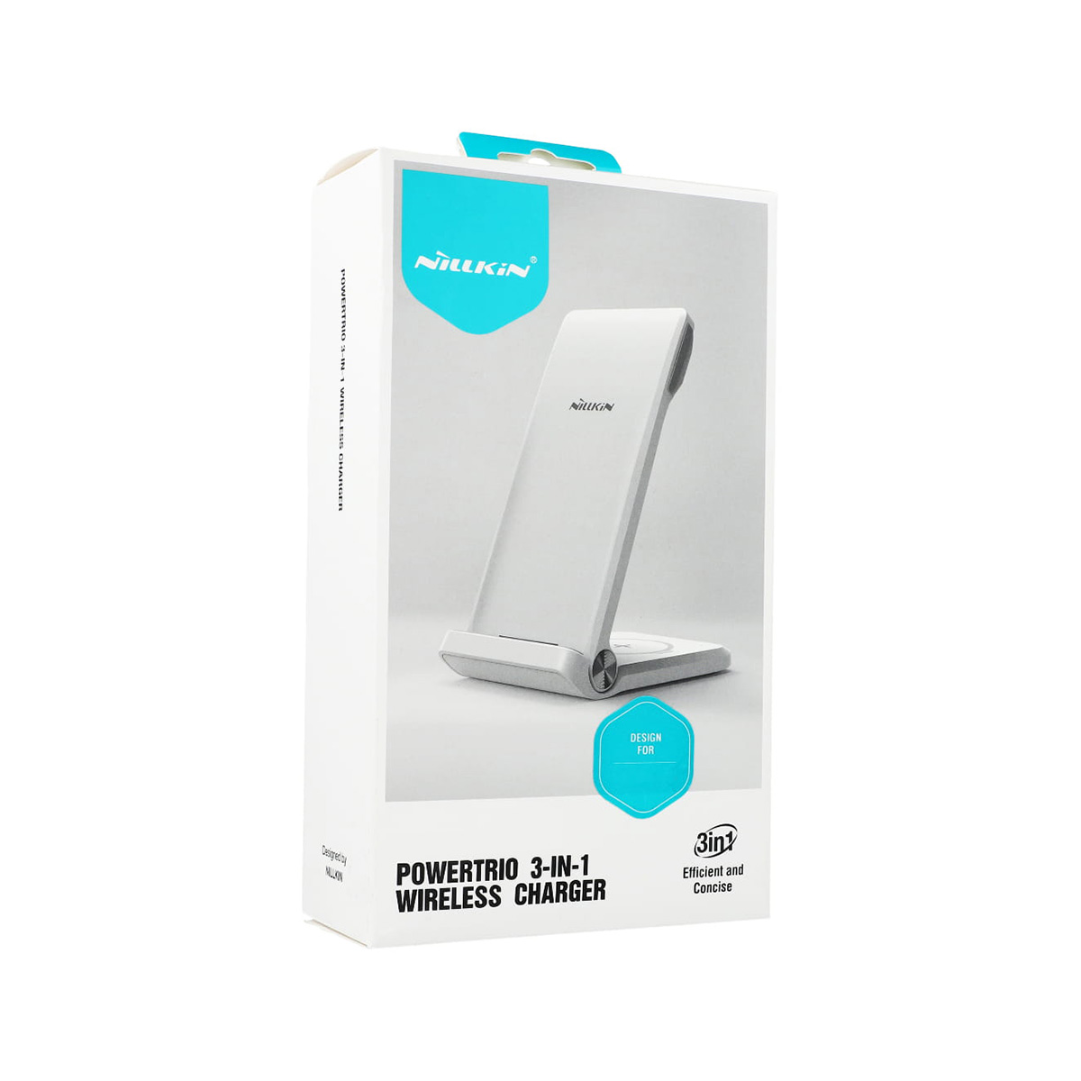 Verpackung eines weißen Nillkin Powertrio 3-in-1 kabellosen Ladegeräts.