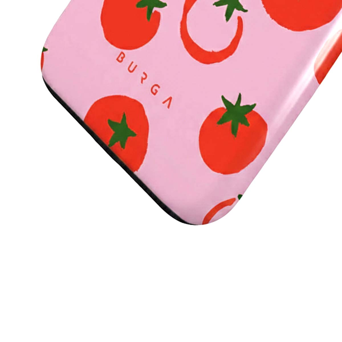 Uno sfondo rosa con pomodori rossi e il logo BURGA.