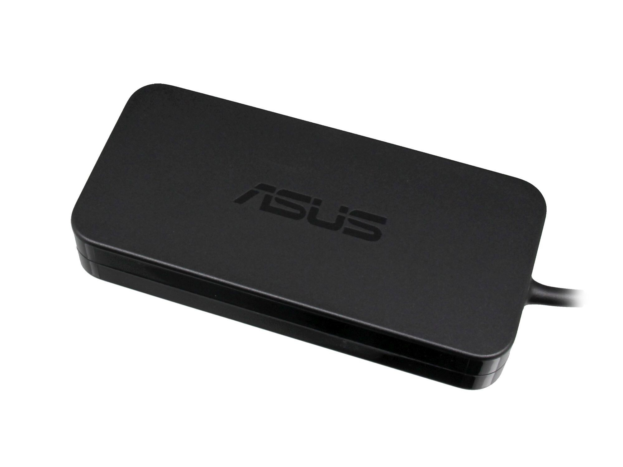 Ein schwarzer ASUS-Adapter mit abgerundeten Ecken, isoliert auf Weiß.