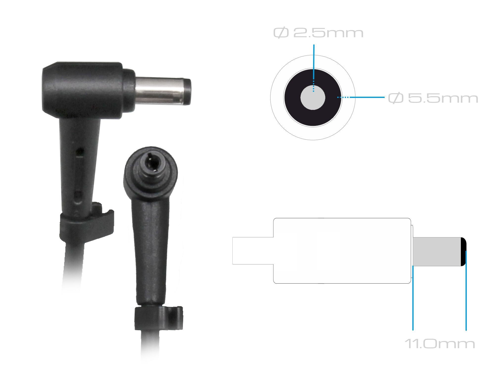 Schwarzer 90-Grad-Stecker mit Metallspitze und Diagramm mit Maßen.