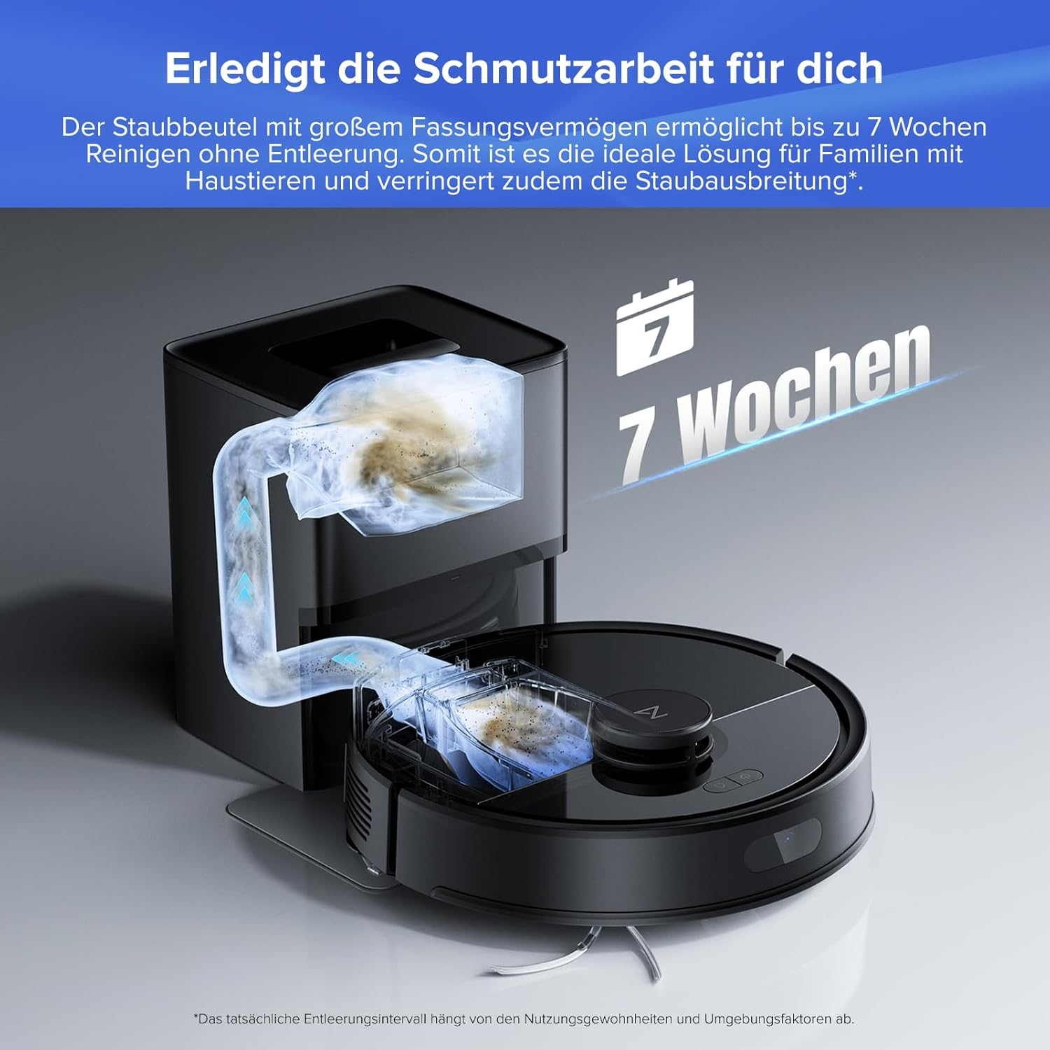 Ein Roboterstaubsauger leert sich selbst in eine Ladestation, die Staub für 7 Wochen speichert.