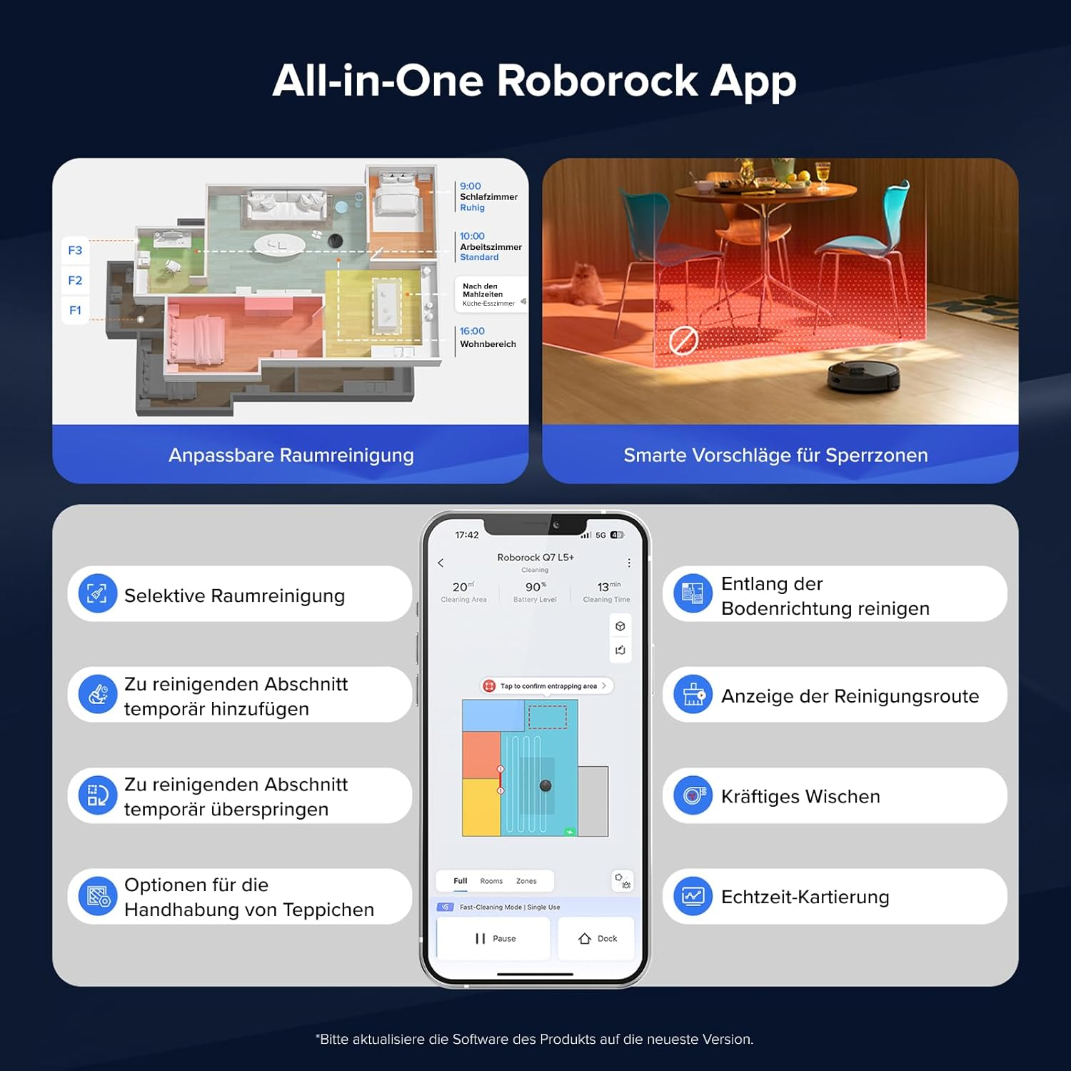 Roborock App Übersicht: Grundriss, Sperrzonen, Reinigungsoptionen und App-Bildschirm.