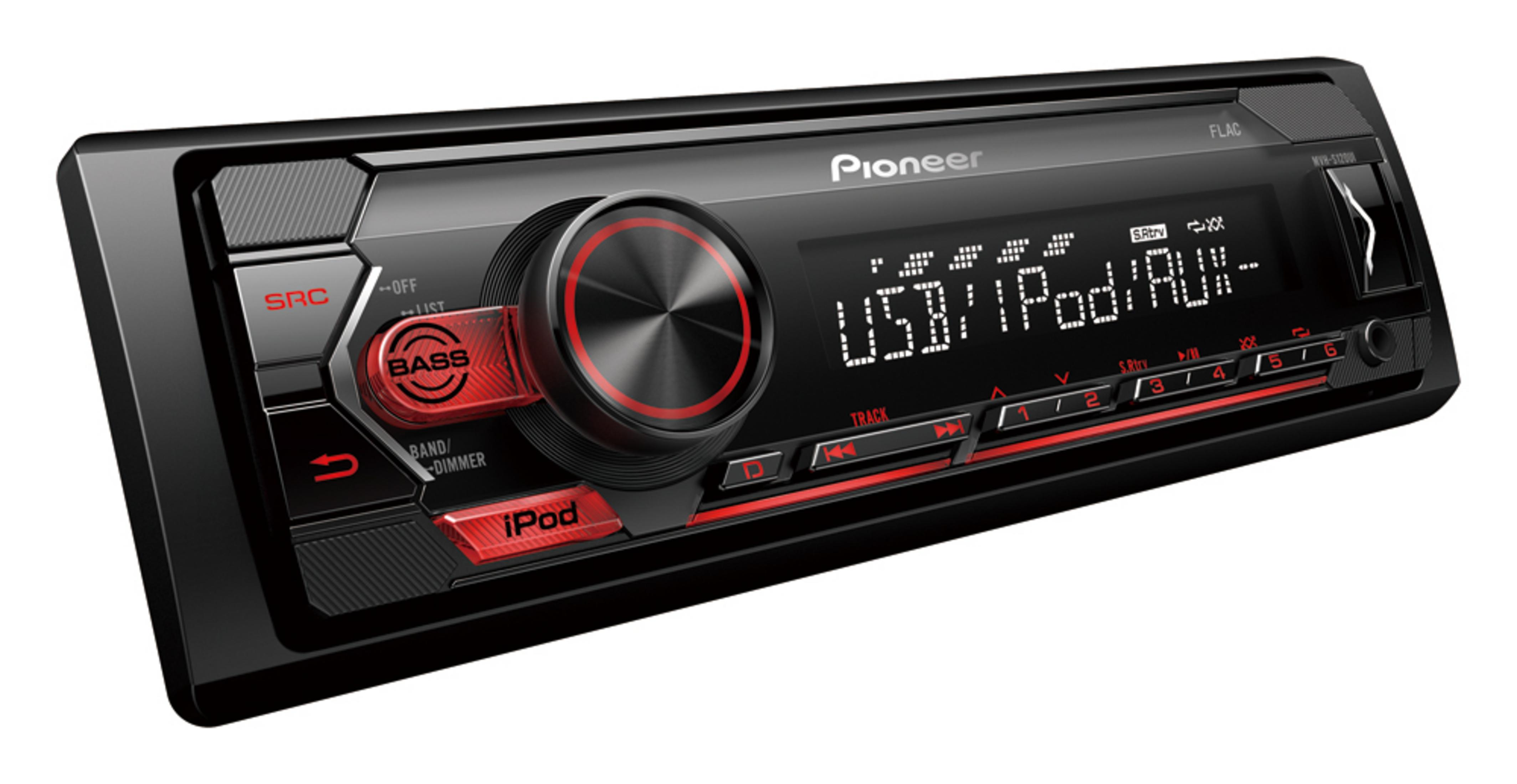 Una radio de coche Pioneer negra con anillo rojo y pantalla.
