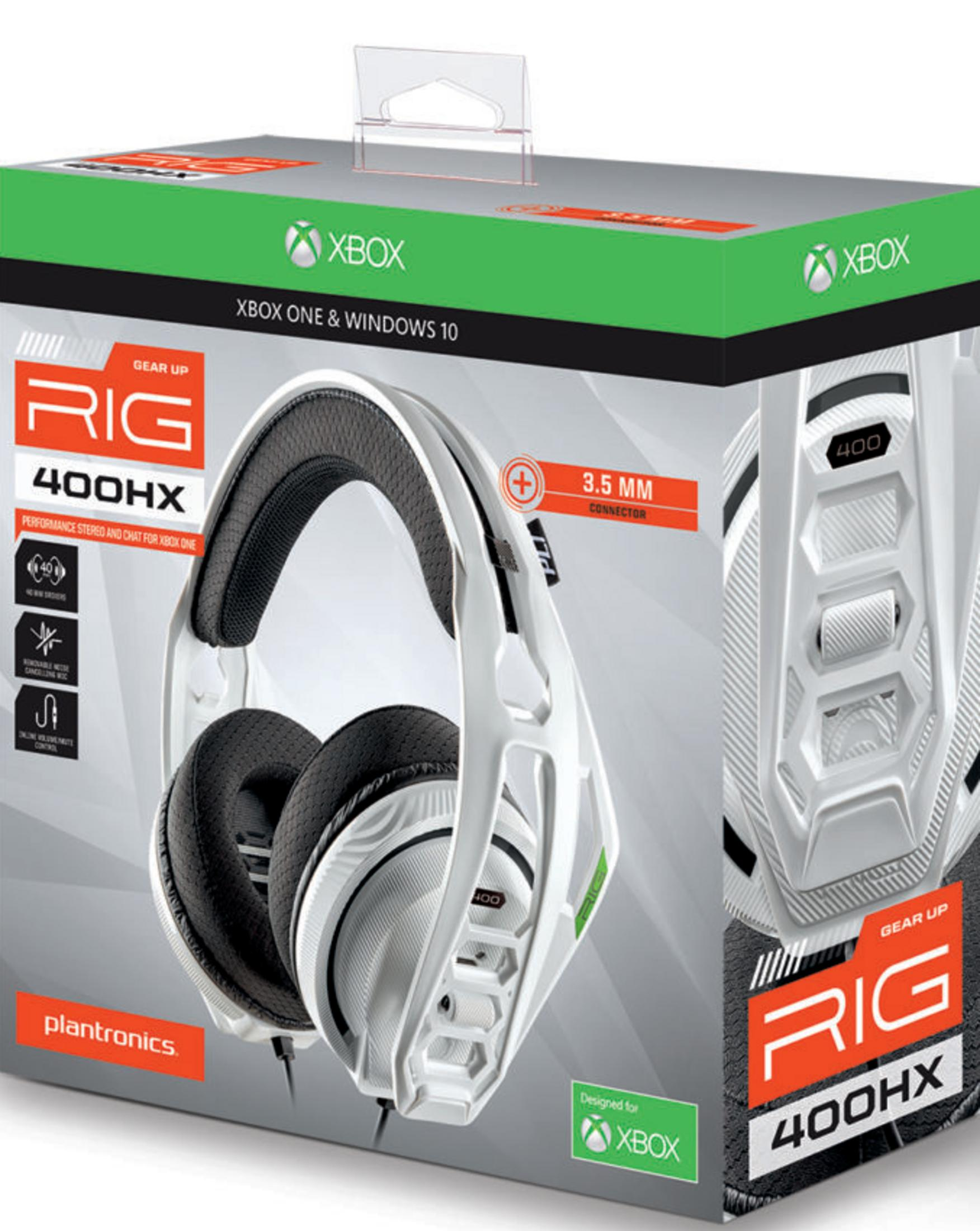 Opakowanie zestawu słuchawkowego RIG 400HX Xbox z słuchawkami i logo Xbox.