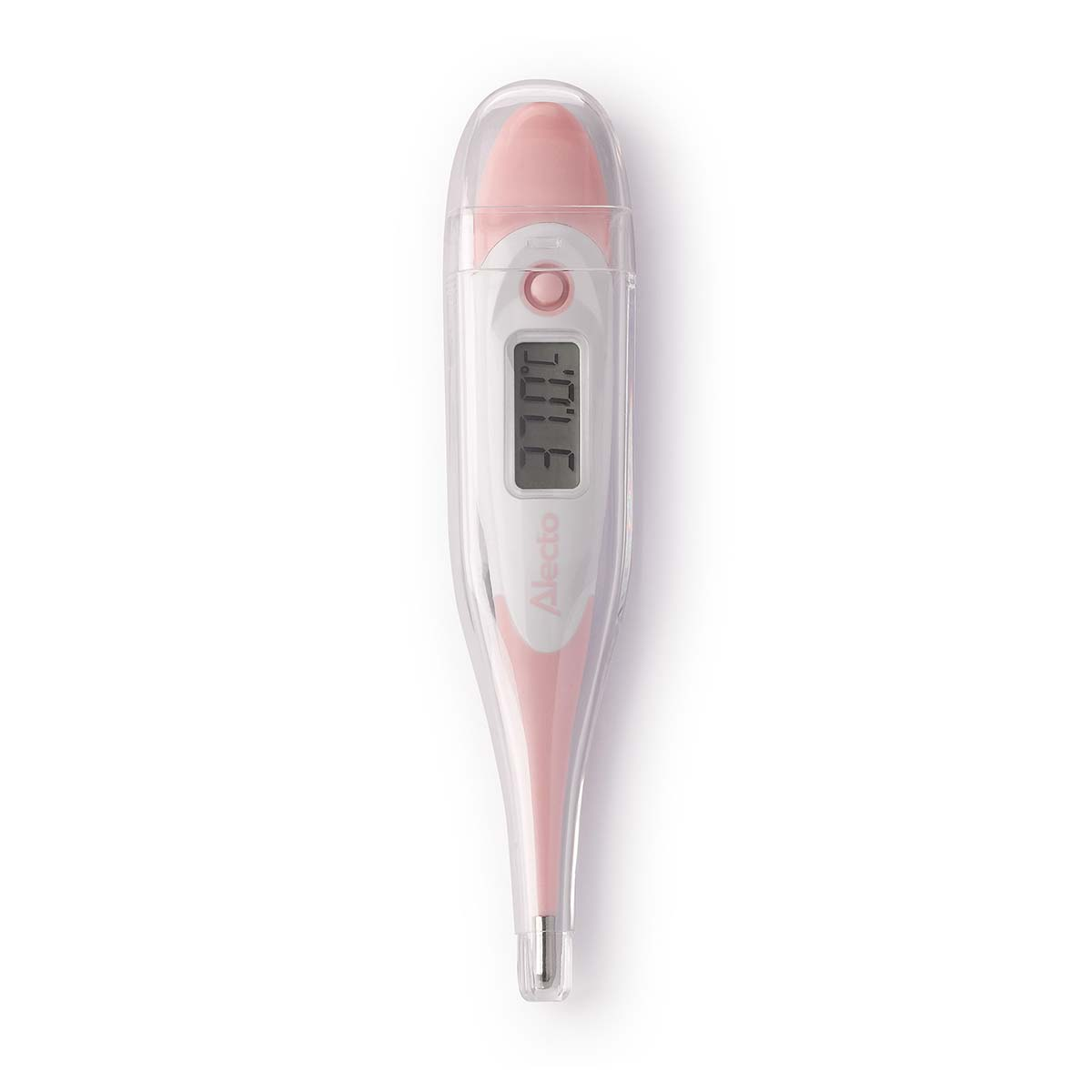 Een roze en witte digitale thermometer met een doorzichtige dop.