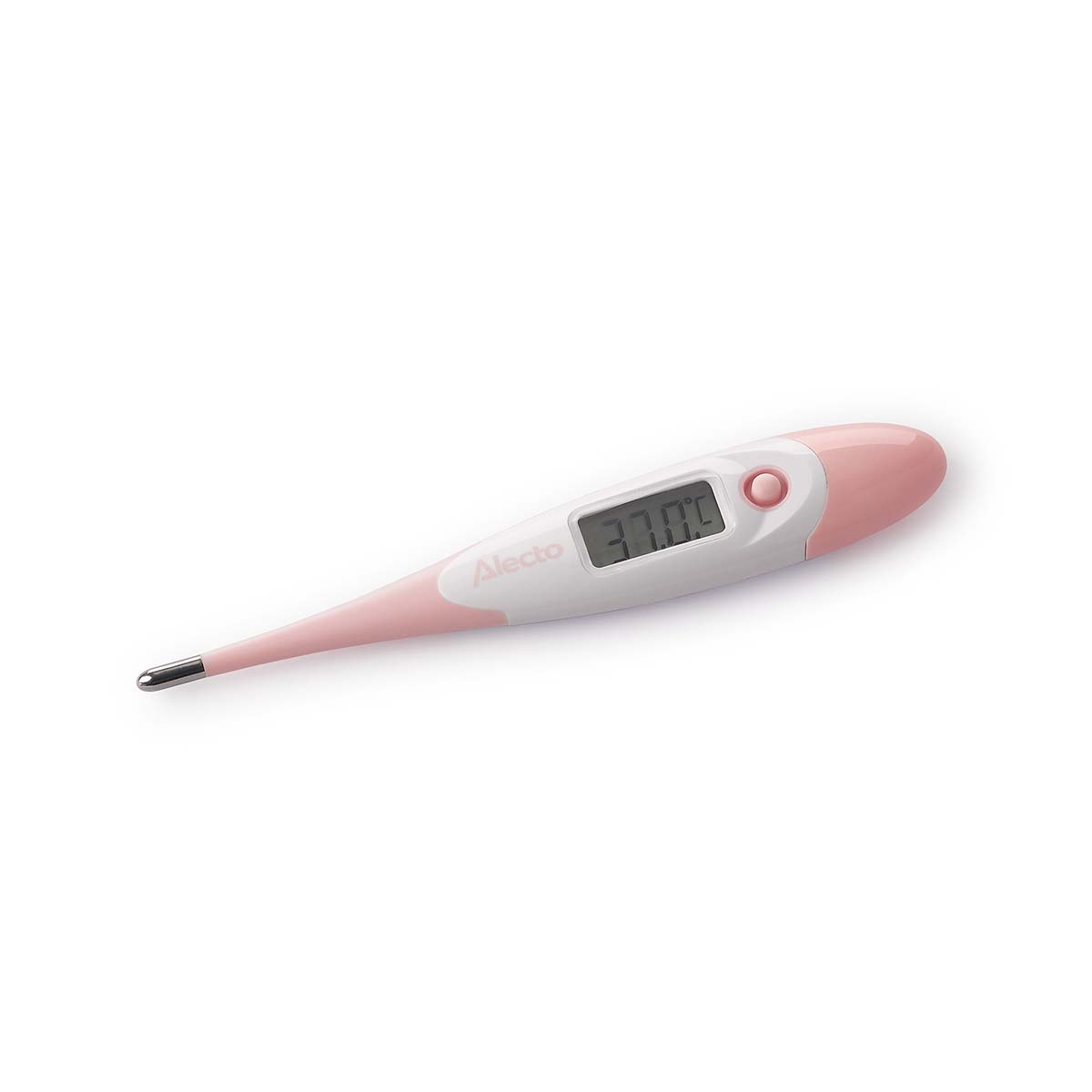 Een roze en witte digitale thermometer toont 37,0 graden Celsius.