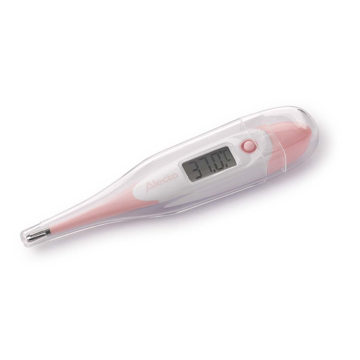 Een digitale thermometer met roze accenten toont 37,0 graden.