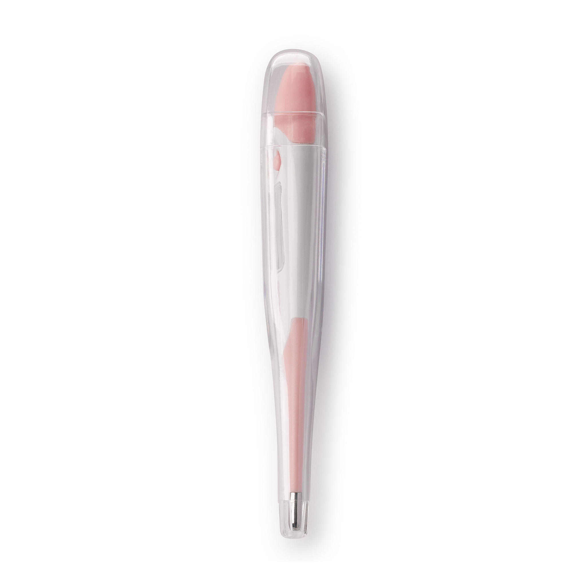 Een roze gum met witte handgreep in een doorzichtige dop.